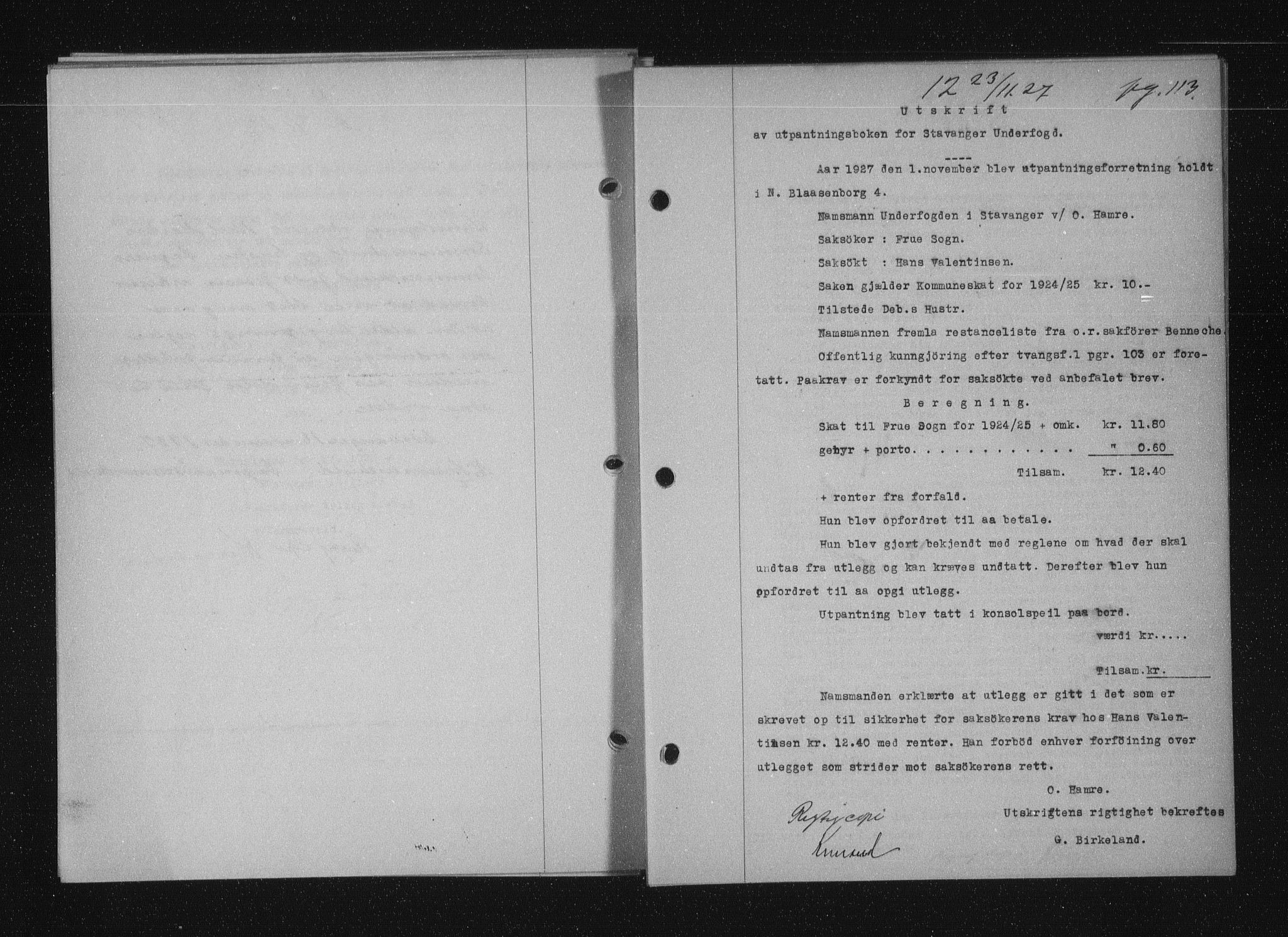 Stavanger byfogd, AV/SAST-A-101408/001/4/41/410/410BB/L0053: Mortgage book no. 41, 1927-1928, Deed date: 23.11.1927