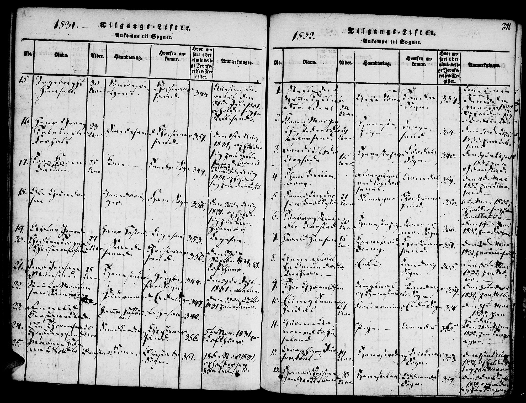 Vestre Moland sokneprestkontor, SAK/1111-0046/F/Fa/Fab/L0003: Parish register (official) no. A 3, 1816-1843, p. 311