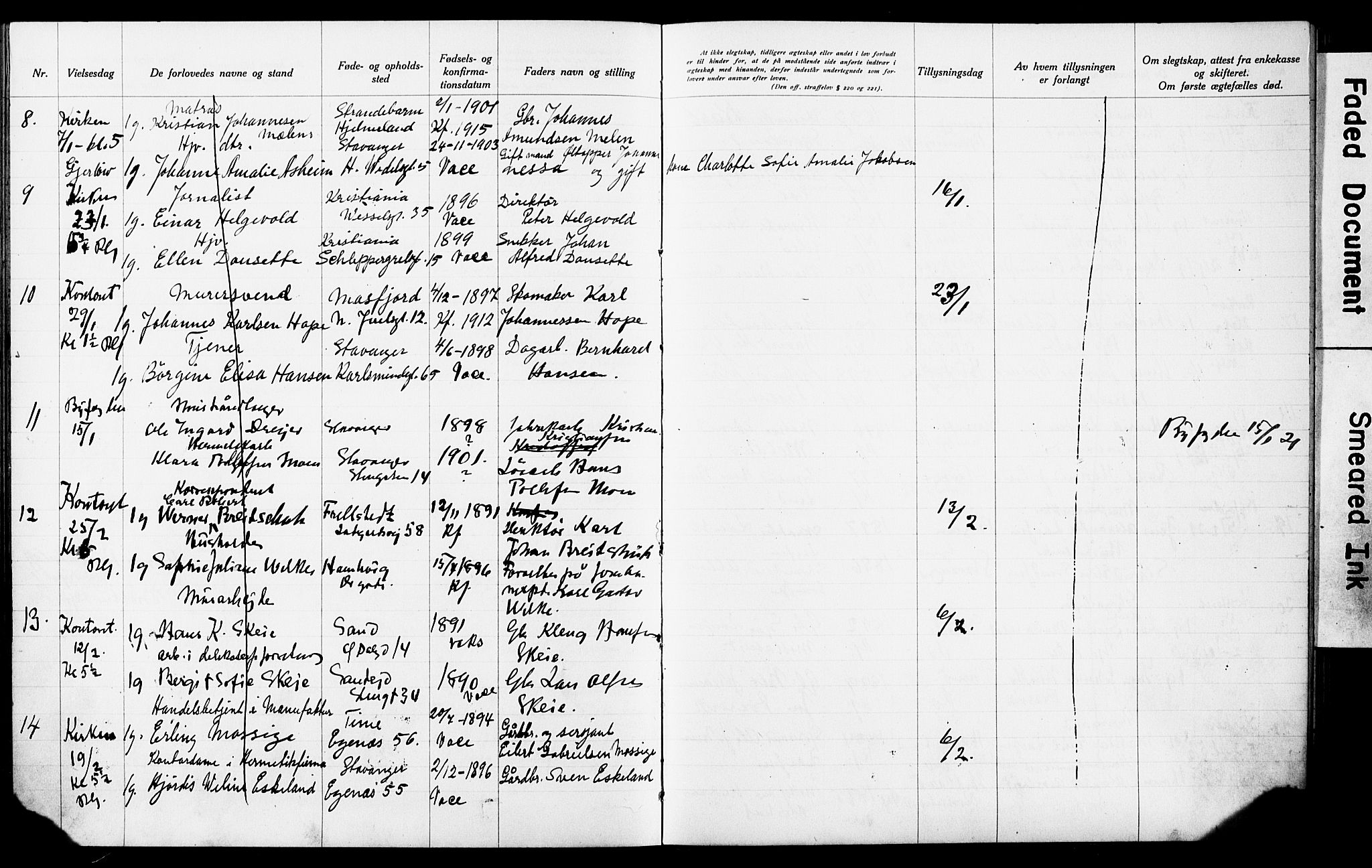 Domkirken sokneprestkontor, AV/SAST-A-101812/001/70/705BA/L0006: Banns register no. 6, 1914-1924