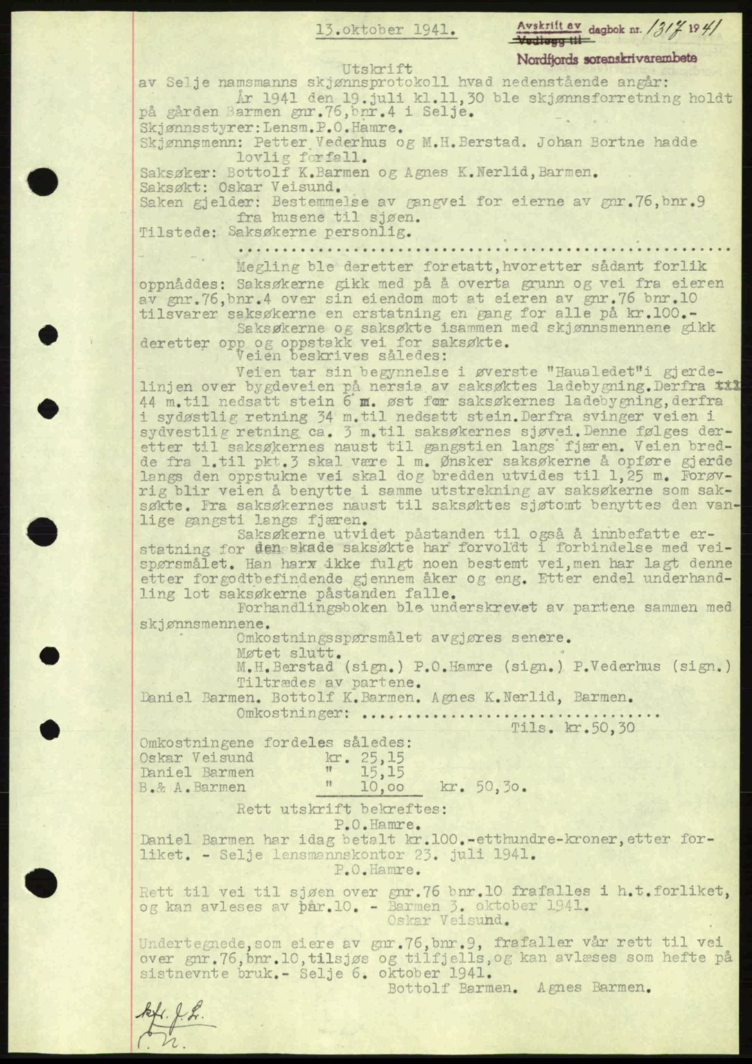 Nordfjord sorenskriveri, AV/SAB-A-2801/02/02b/02bj/L0006: Mortgage book no. A6, 1940-1941, Diary no: : 1317/1941