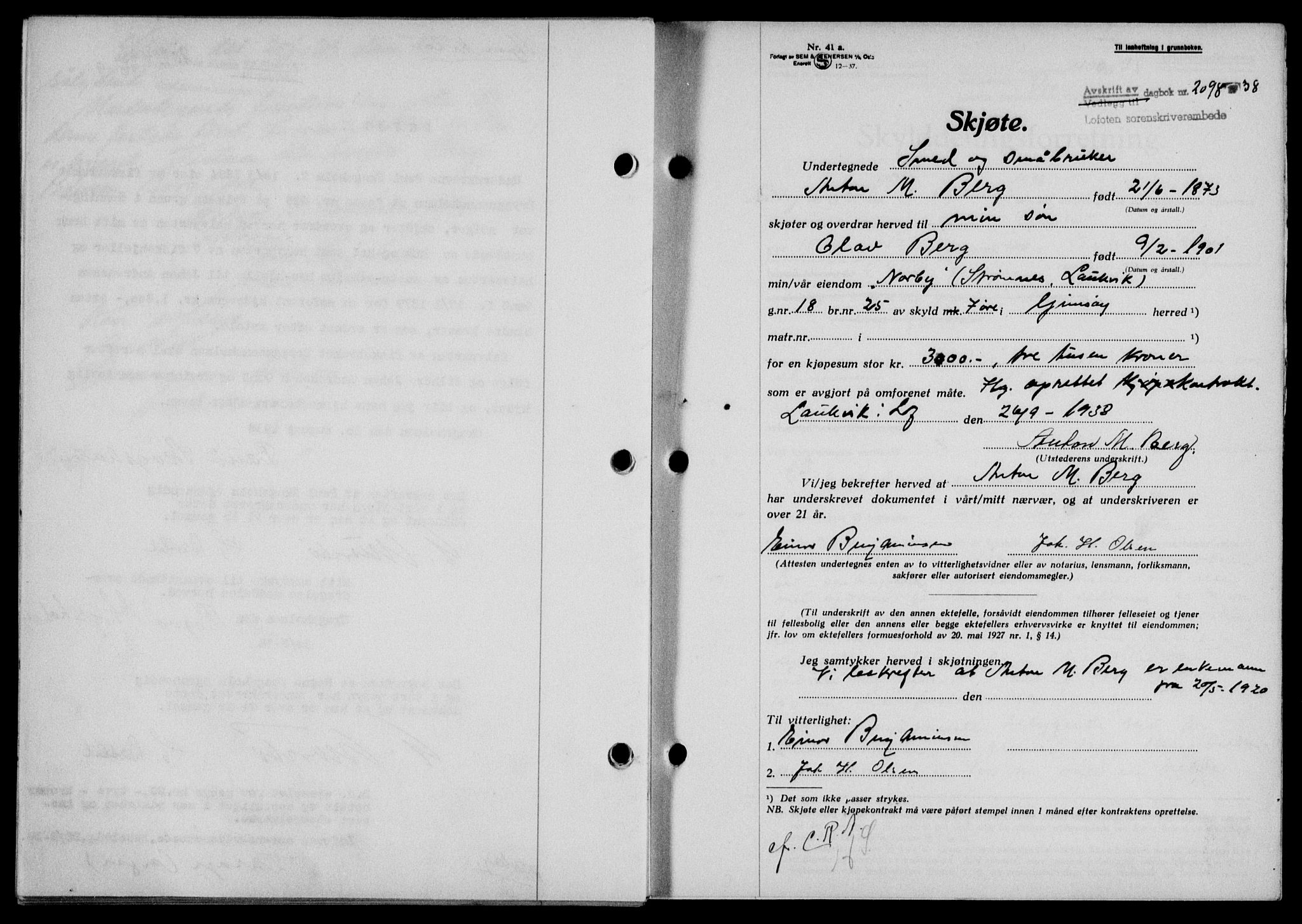 Lofoten sorenskriveri, SAT/A-0017/1/2/2C/L0004a: Mortgage book no. 4a, 1938-1938, Diary no: : 2098/1938