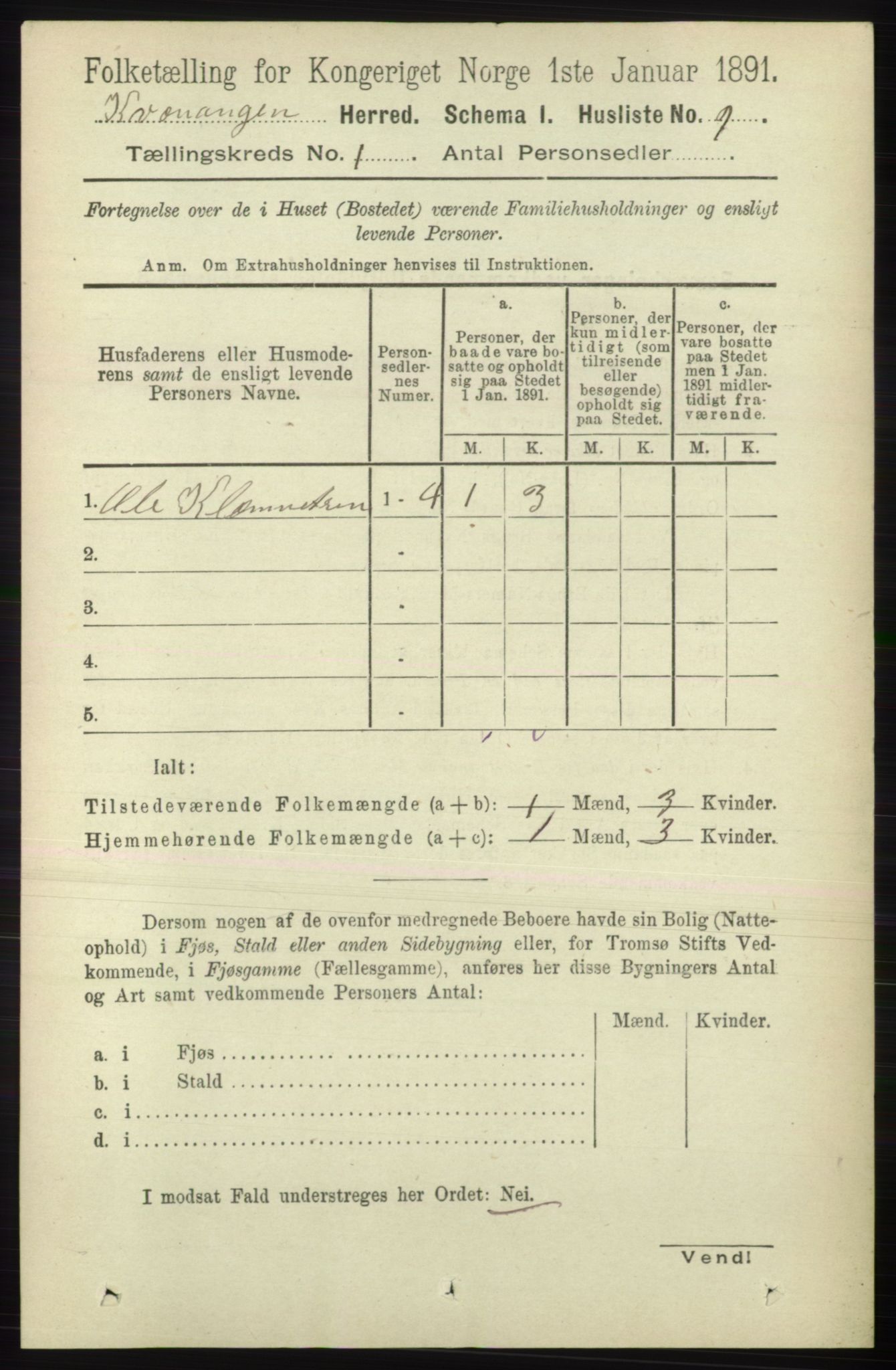 RA, 1891 census for 1943 Kvænangen, 1891, p. 22