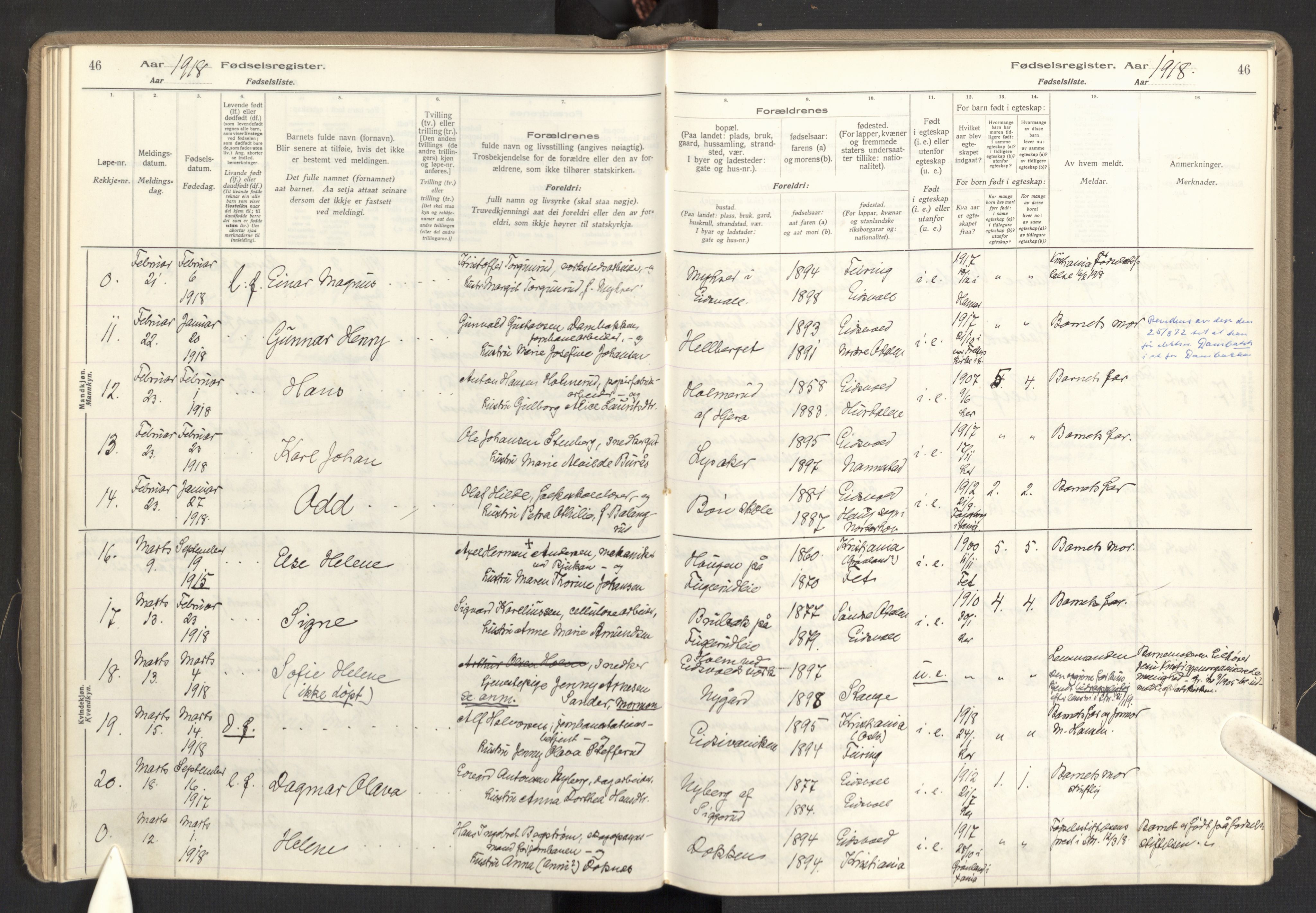 Eidsvoll prestekontor Kirkebøker, SAO/A-10888: Birth register no. I 1, 1916-1924, p. 46