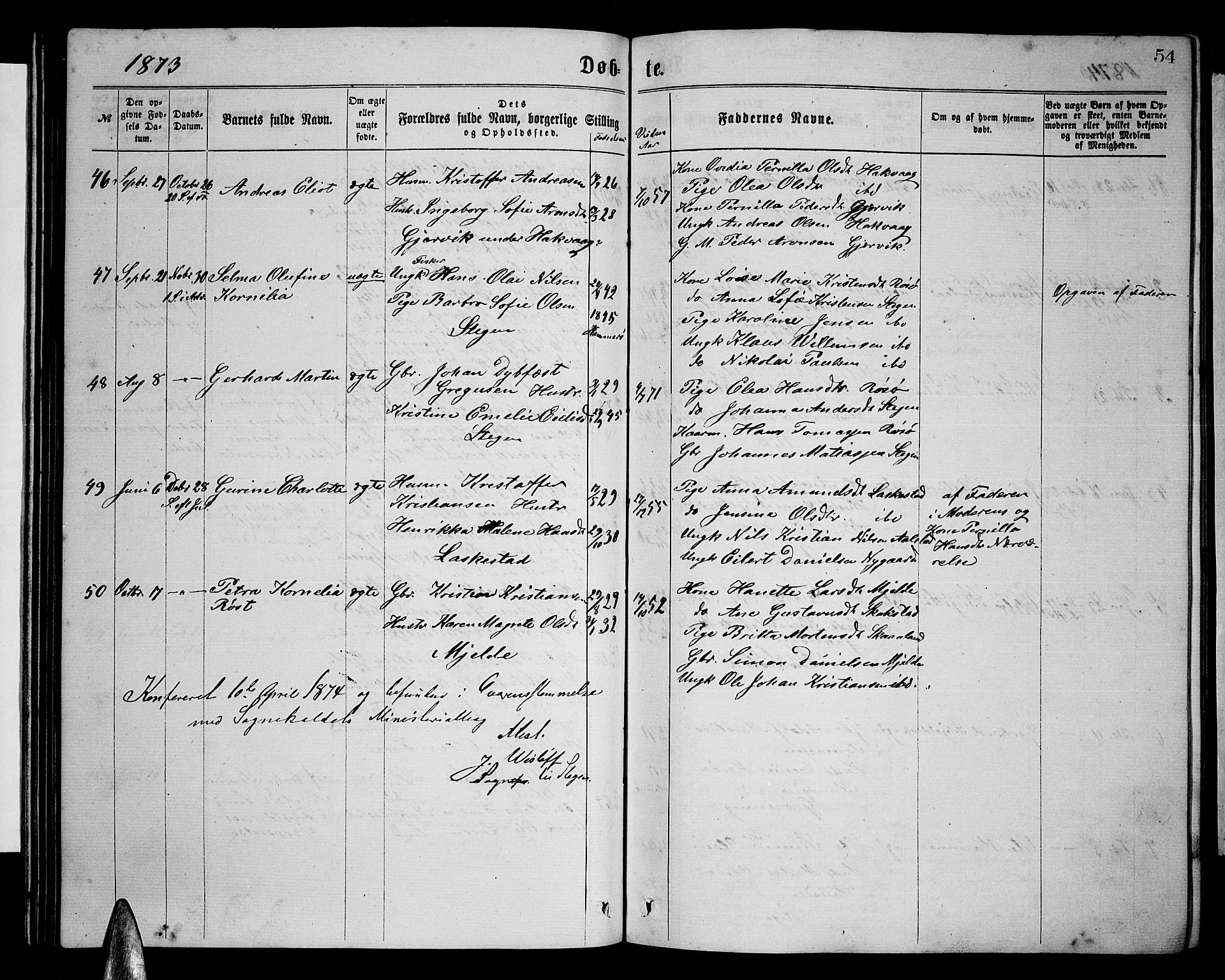 Ministerialprotokoller, klokkerbøker og fødselsregistre - Nordland, AV/SAT-A-1459/855/L0815: Parish register (copy) no. 855C04, 1865-1878, p. 54