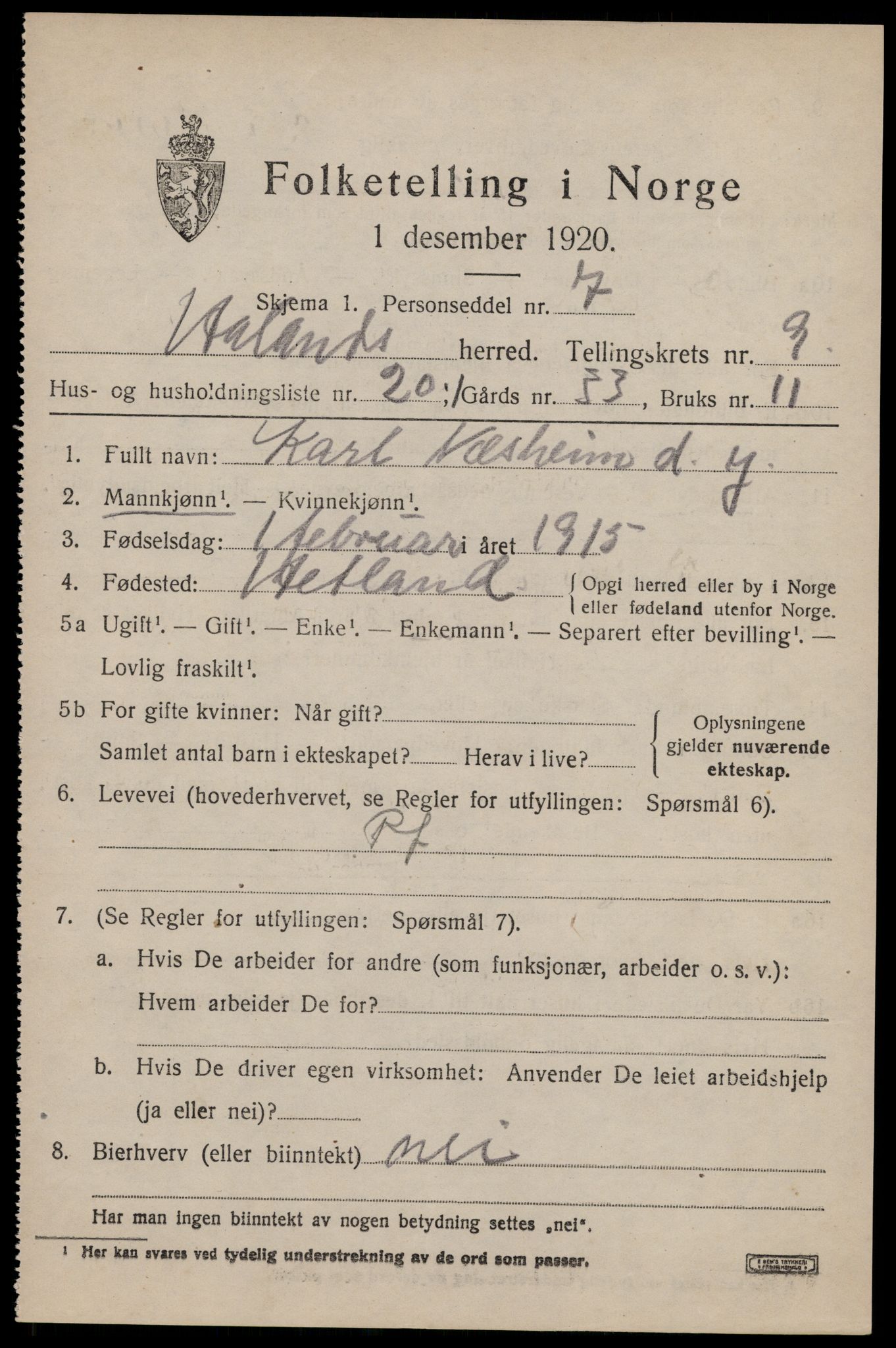 SAST, 1920 census for Håland, 1920, p. 7199