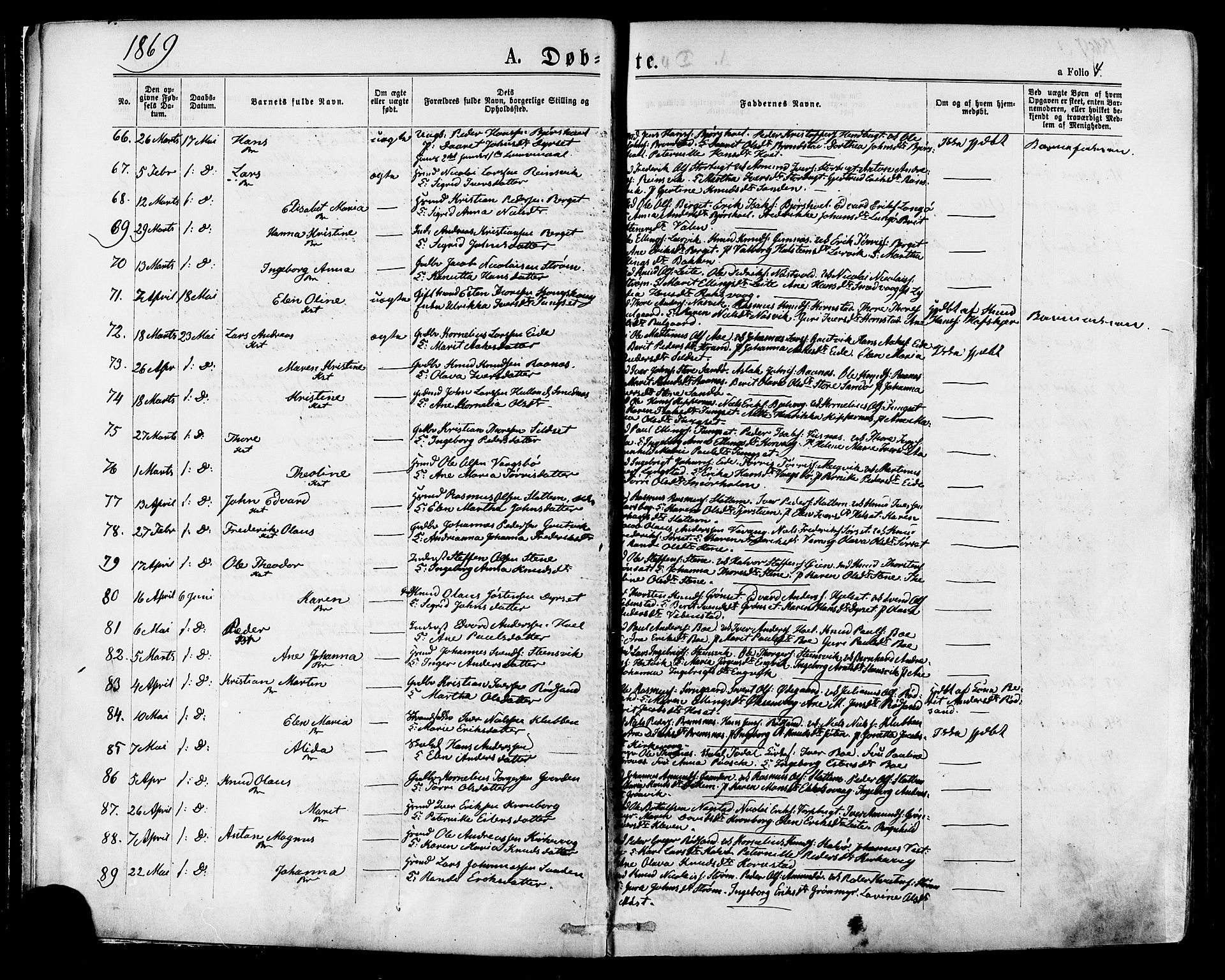 Ministerialprotokoller, klokkerbøker og fødselsregistre - Møre og Romsdal, SAT/A-1454/568/L0805: Parish register (official) no. 568A12 /1, 1869-1884, p. 4