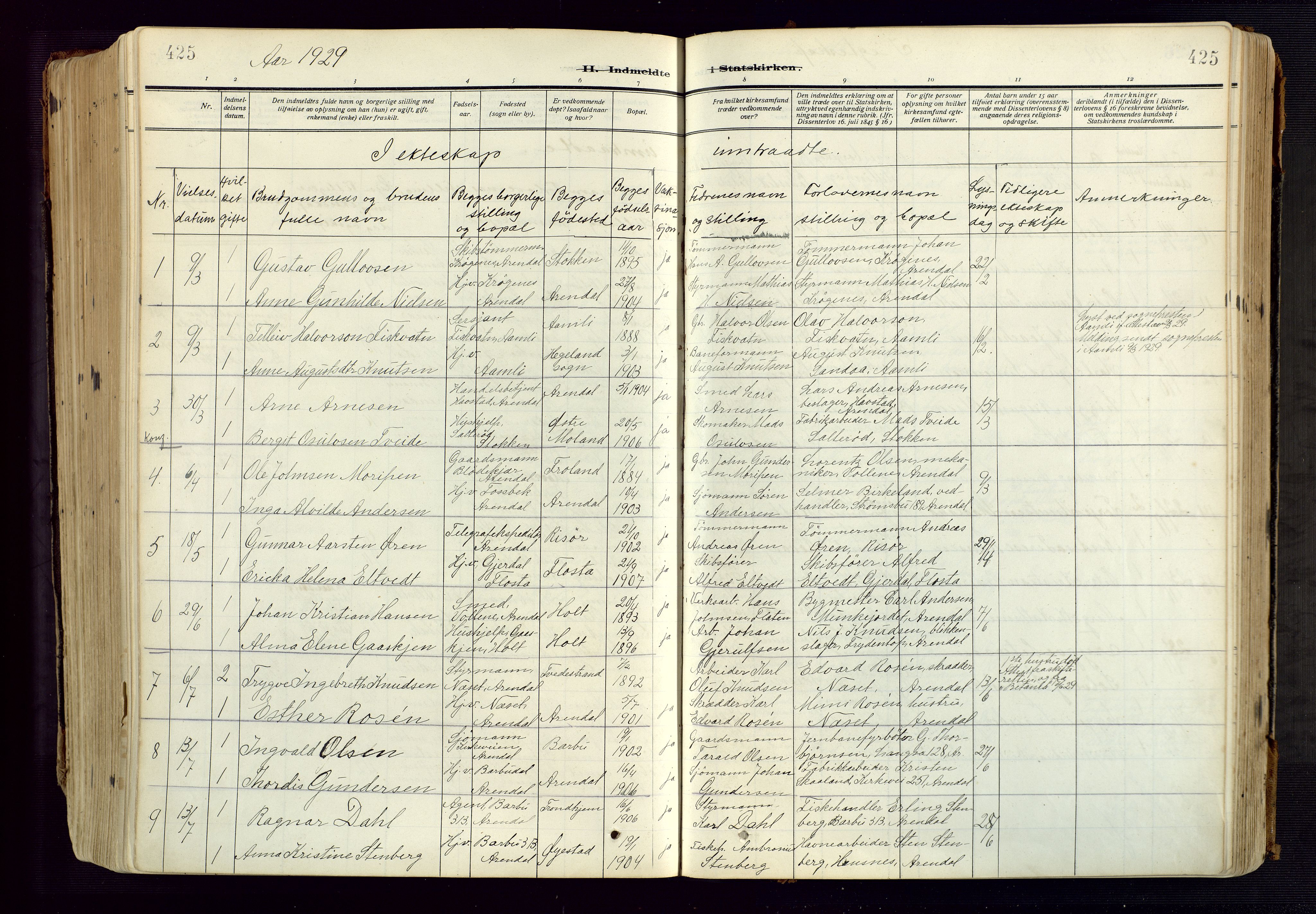 Barbu sokneprestkontor, AV/SAK-1111-0003/F/Fa/L0006: Parish register (official) no. A 6, 1910-1929, p. 425