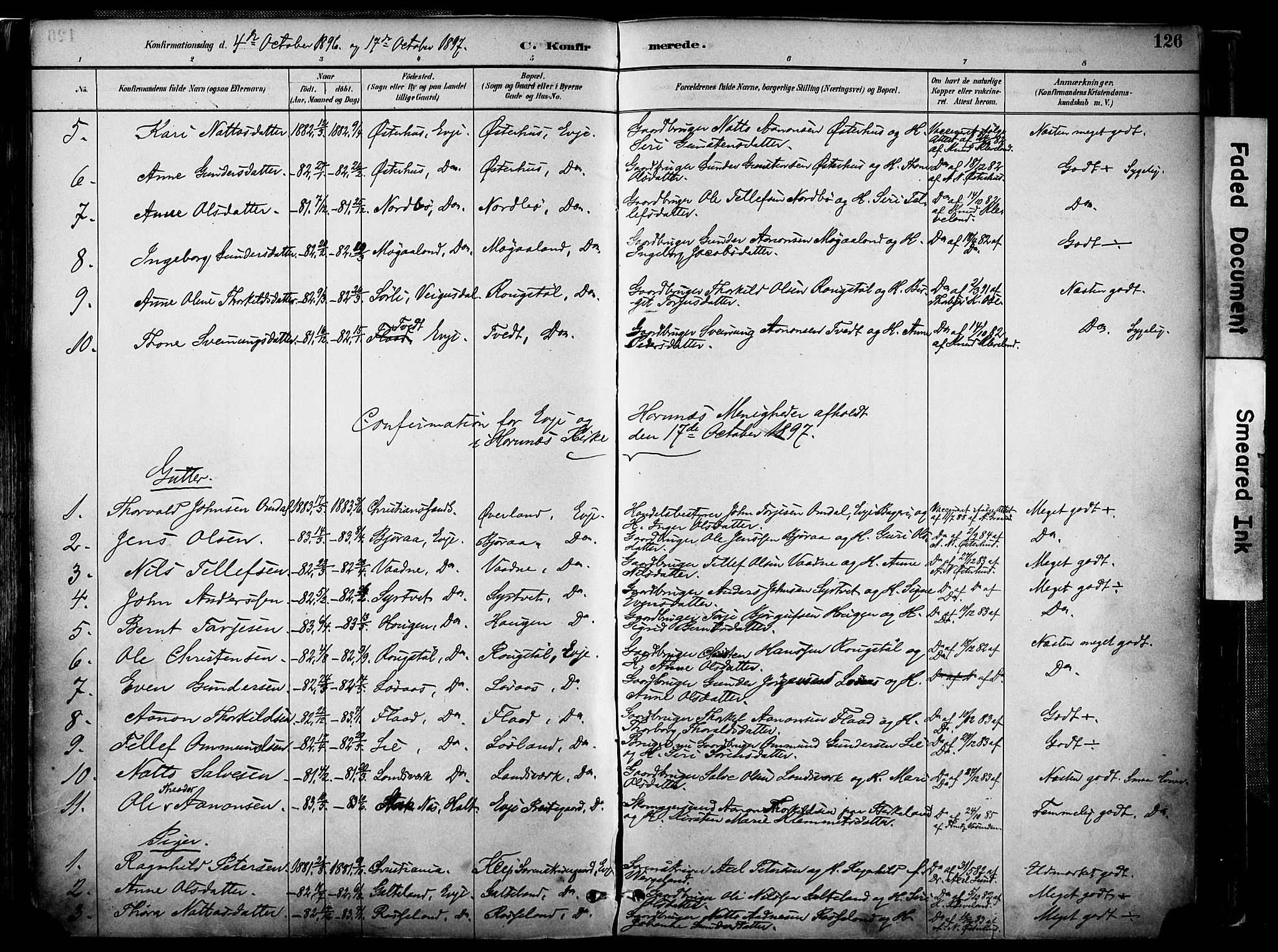 Evje sokneprestkontor, AV/SAK-1111-0008/F/Fa/Faa/L0007: Parish register (official) no. A 7, 1884-1909, p. 126