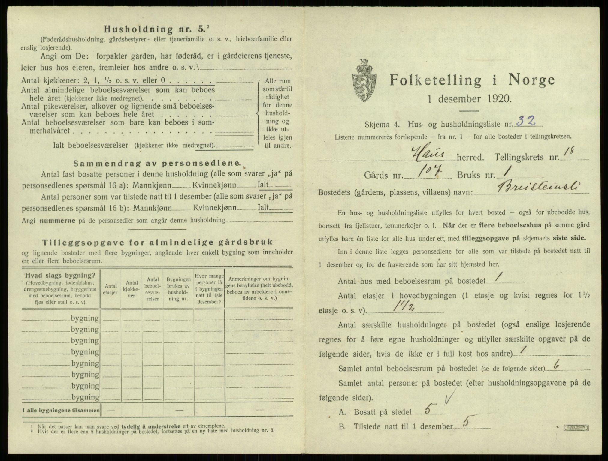 SAB, 1920 census for Haus, 1920, p. 1608