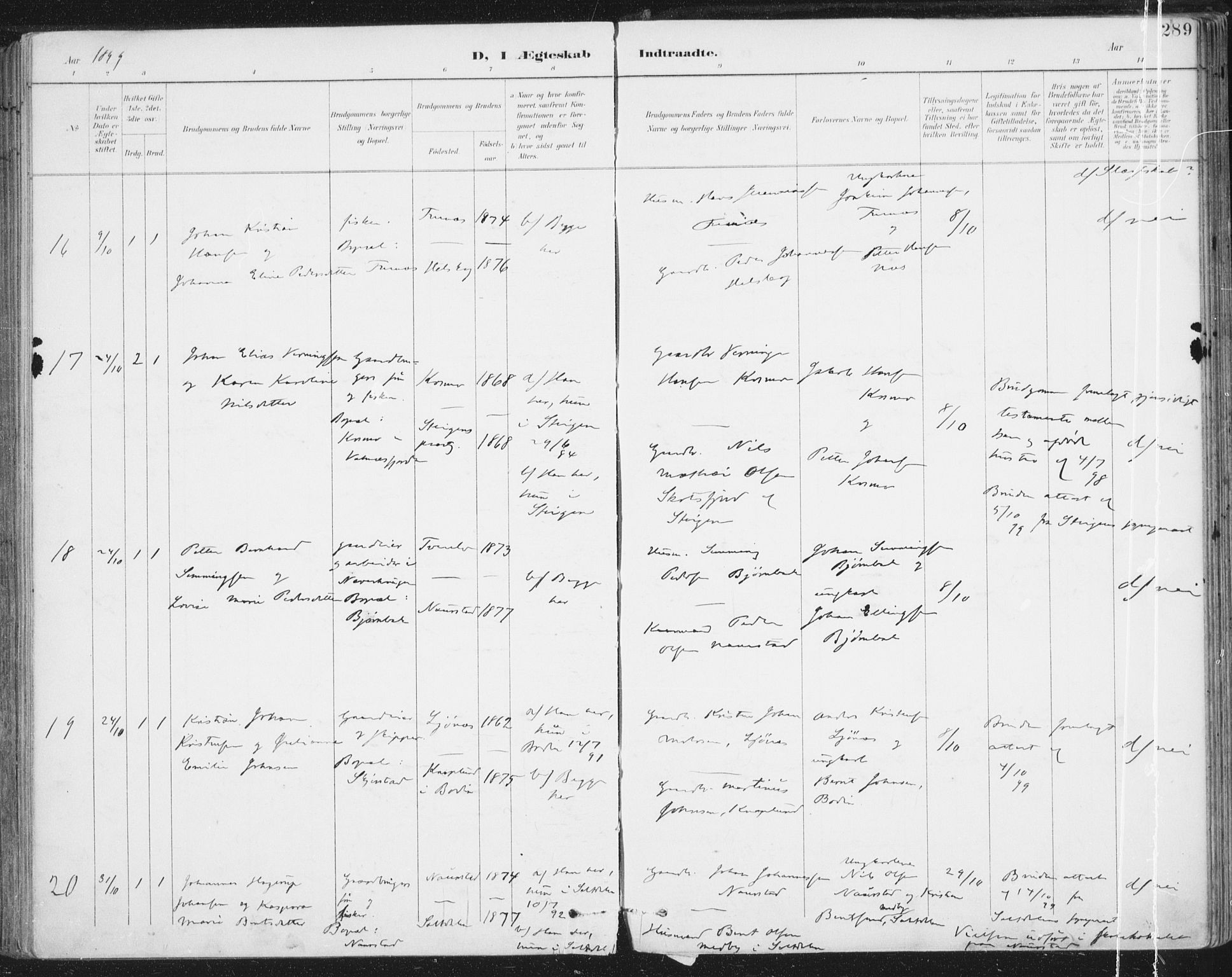 Ministerialprotokoller, klokkerbøker og fødselsregistre - Nordland, AV/SAT-A-1459/852/L0741: Parish register (official) no. 852A11, 1894-1917, p. 289