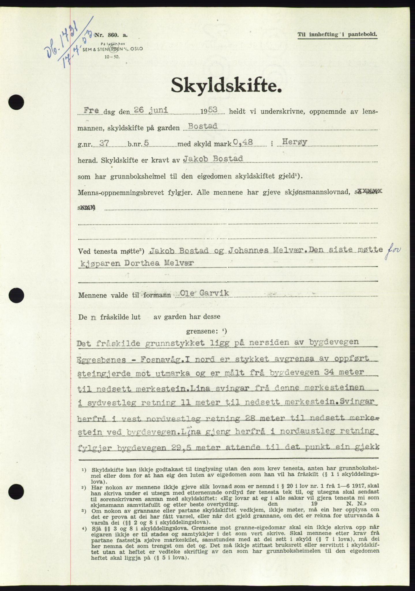 Søre Sunnmøre sorenskriveri, AV/SAT-A-4122/1/2/2C/L0095: Mortgage book no. 21A, 1953-1953, Diary no: : 1731/1953