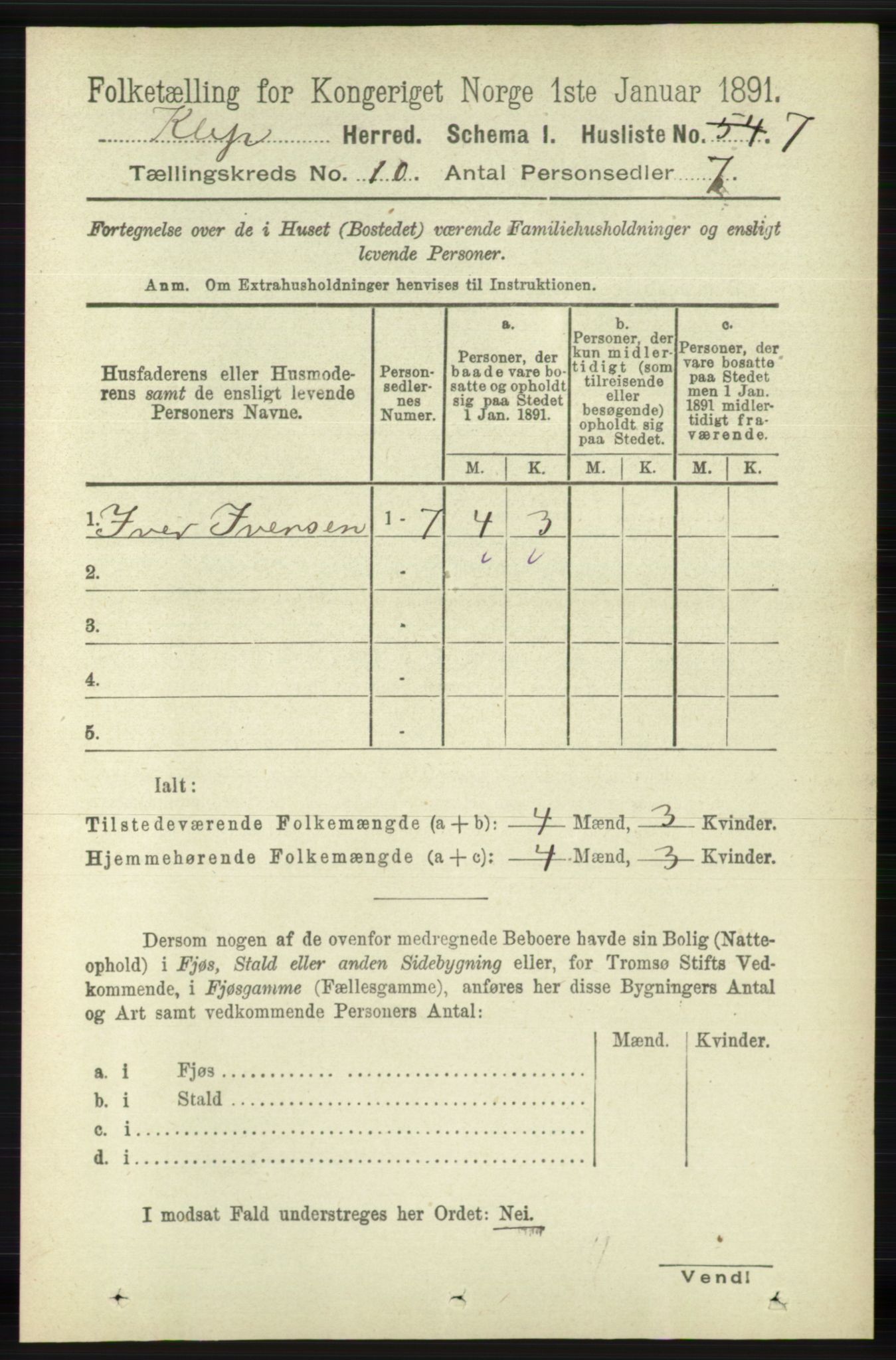 RA, 1891 census for 1120 Klepp, 1891, p. 2825