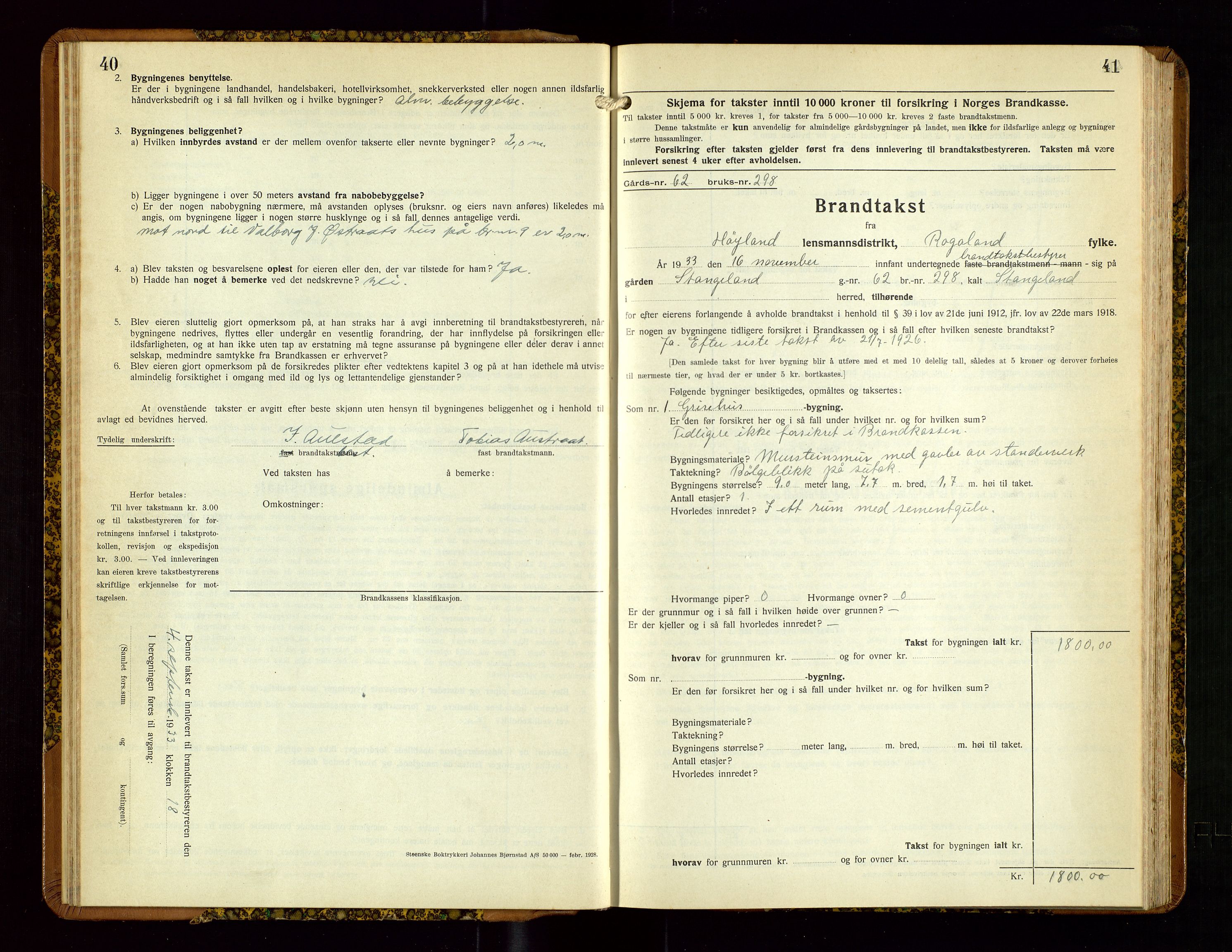 Høyland/Sandnes lensmannskontor, AV/SAST-A-100166/Gob/L0005: "Brandtakstprotokoll", 1933-1936, p. 40-41