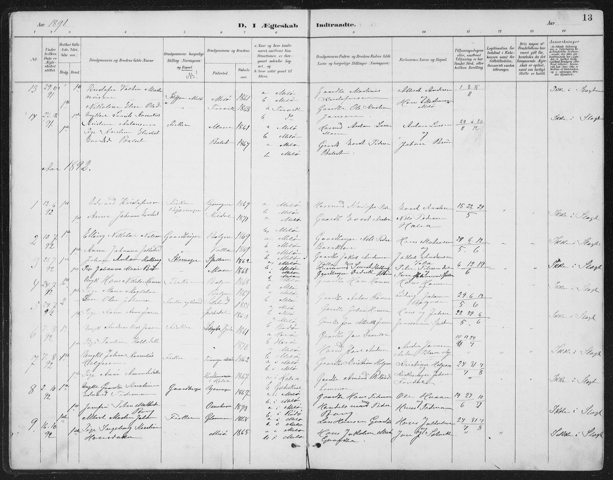 Ministerialprotokoller, klokkerbøker og fødselsregistre - Nordland, SAT/A-1459/843/L0638: Parish register (copy) no. 843C07, 1888-1907, p. 13