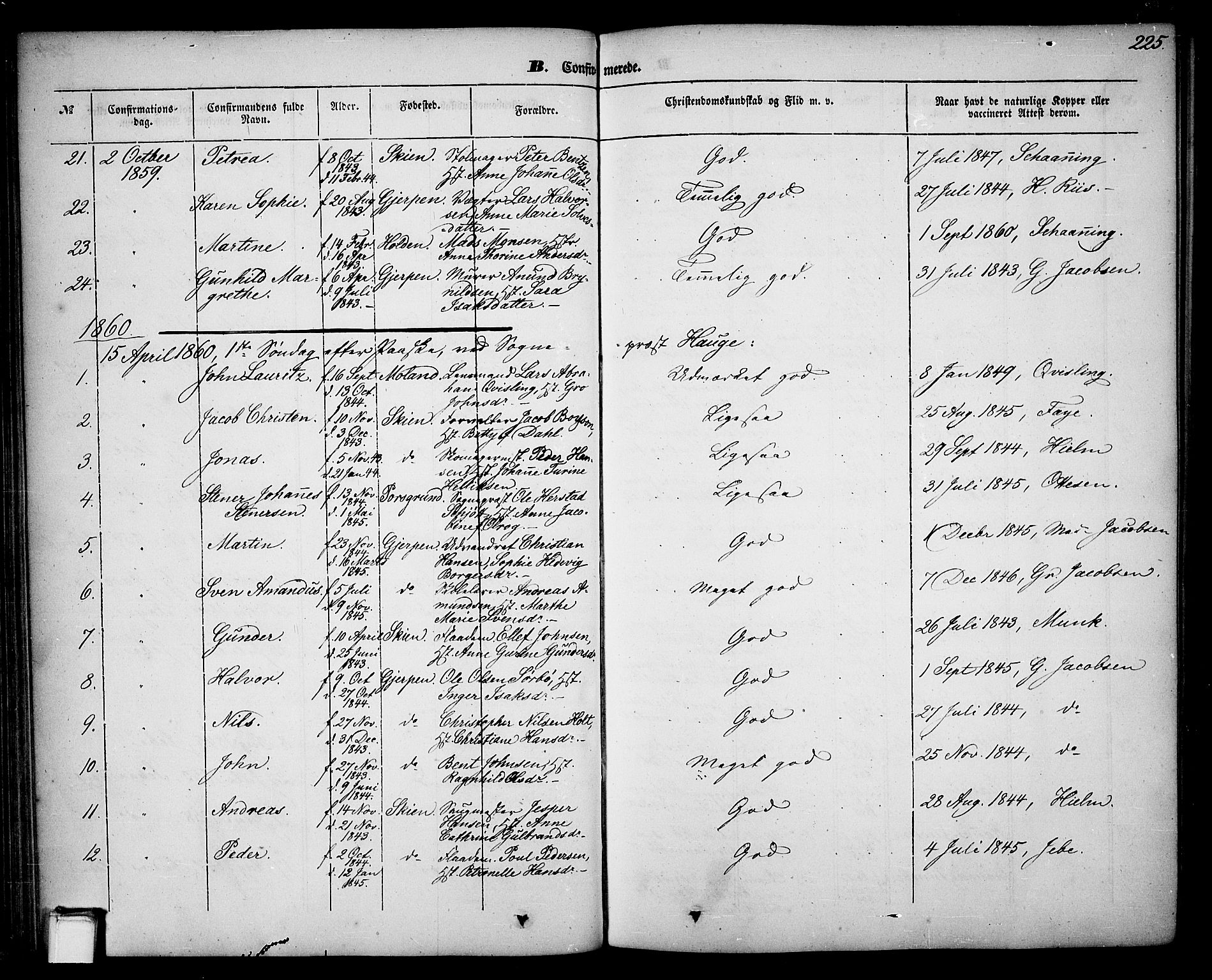 Skien kirkebøker, SAKO/A-302/G/Ga/L0004: Parish register (copy) no. 4, 1843-1867, p. 225
