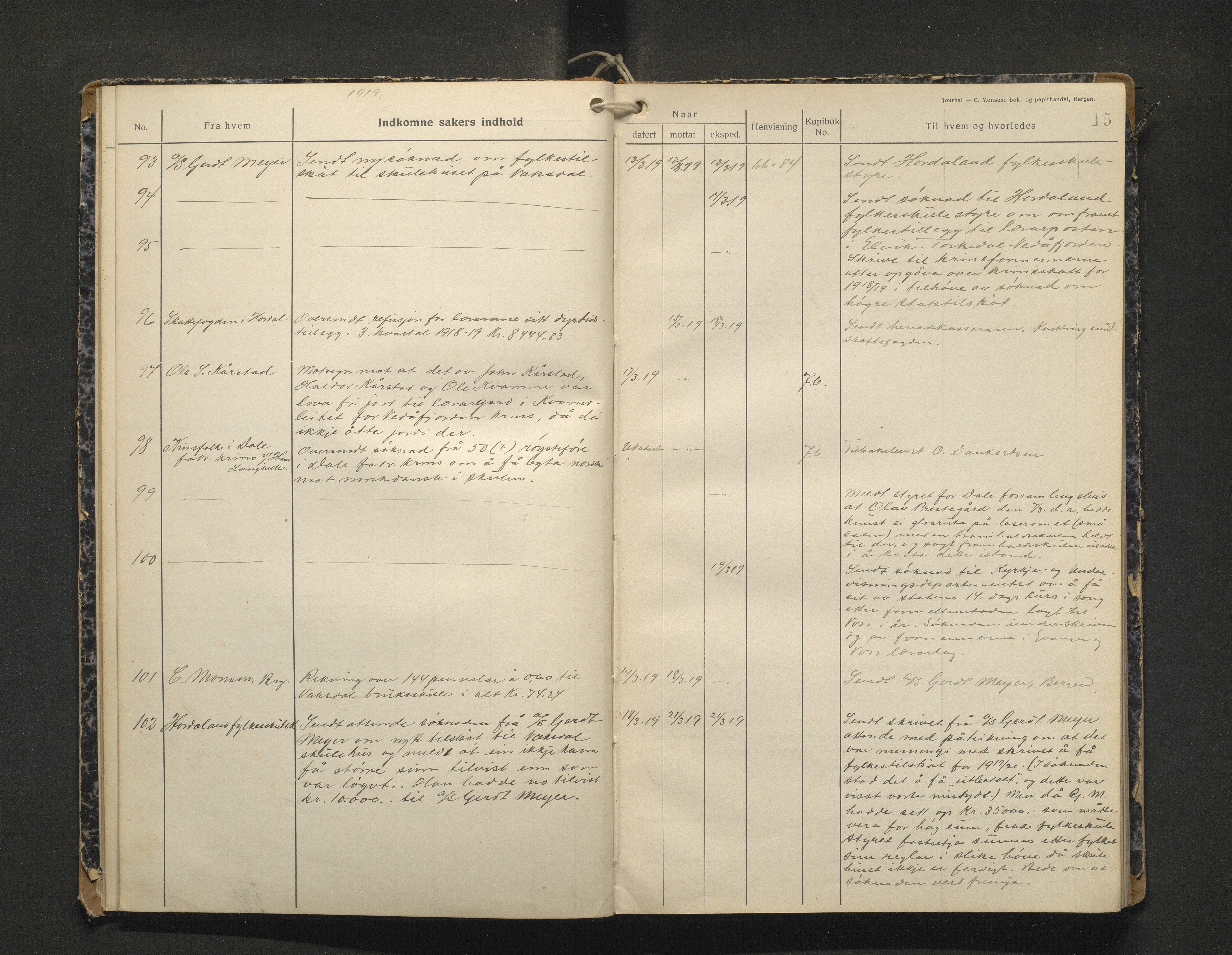 Bruvik kommune. Skulestyre, IKAH/1251a-211/C/Ca/L0003: Postjournal for Bruvik skulestyre, 1918-1920