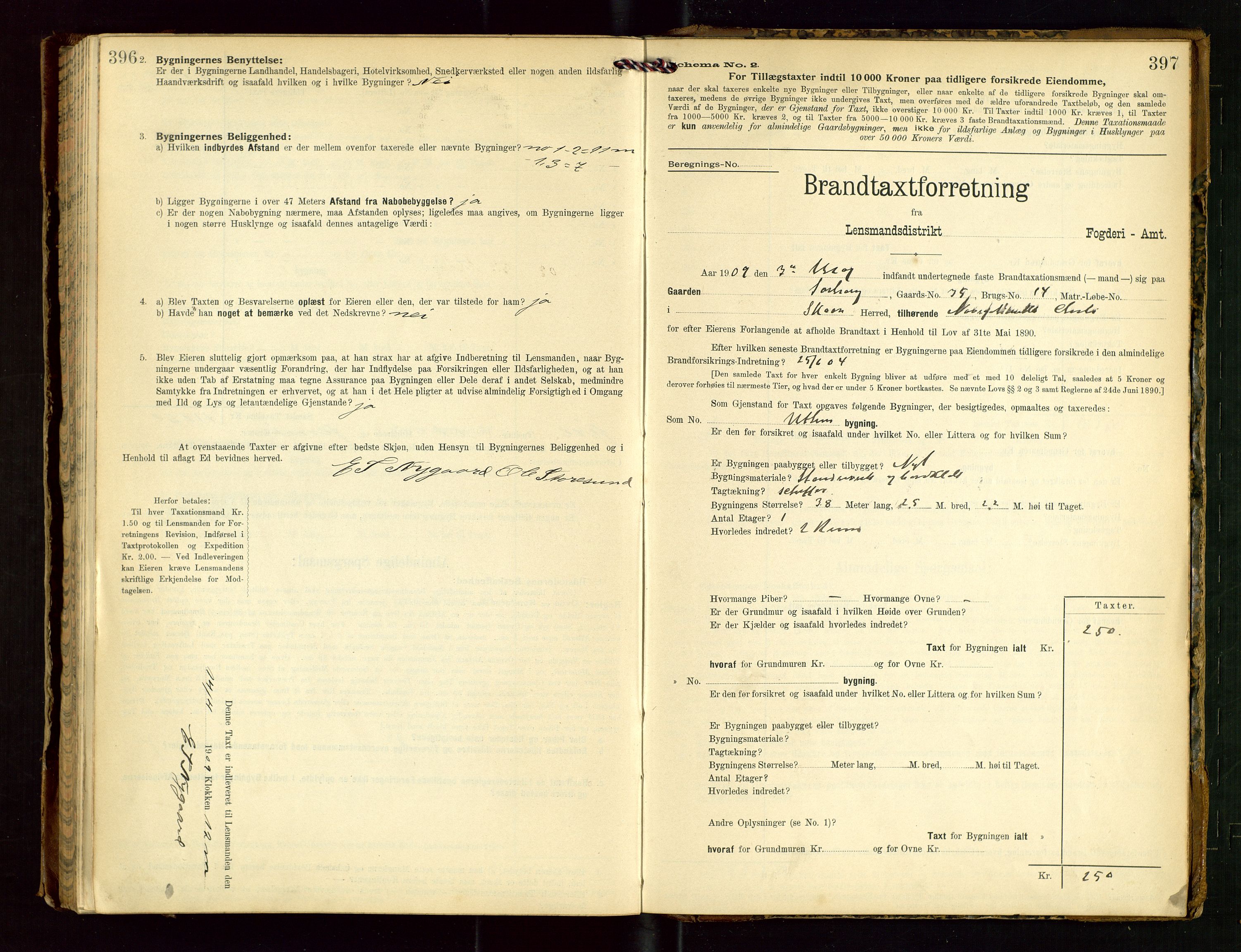 Torvestad lensmannskontor, SAST/A-100307/1/Gob/L0003: "Brandtaxationsprotokol for Torvestad Lensmannsdistrikt", 1905-1909, p. 396-397