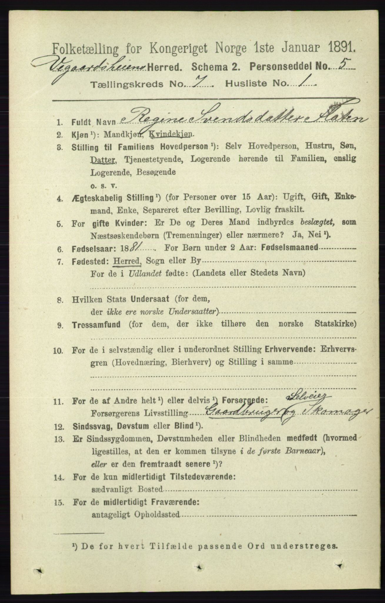 RA, 1891 census for 0912 Vegårshei, 1891, p. 1338