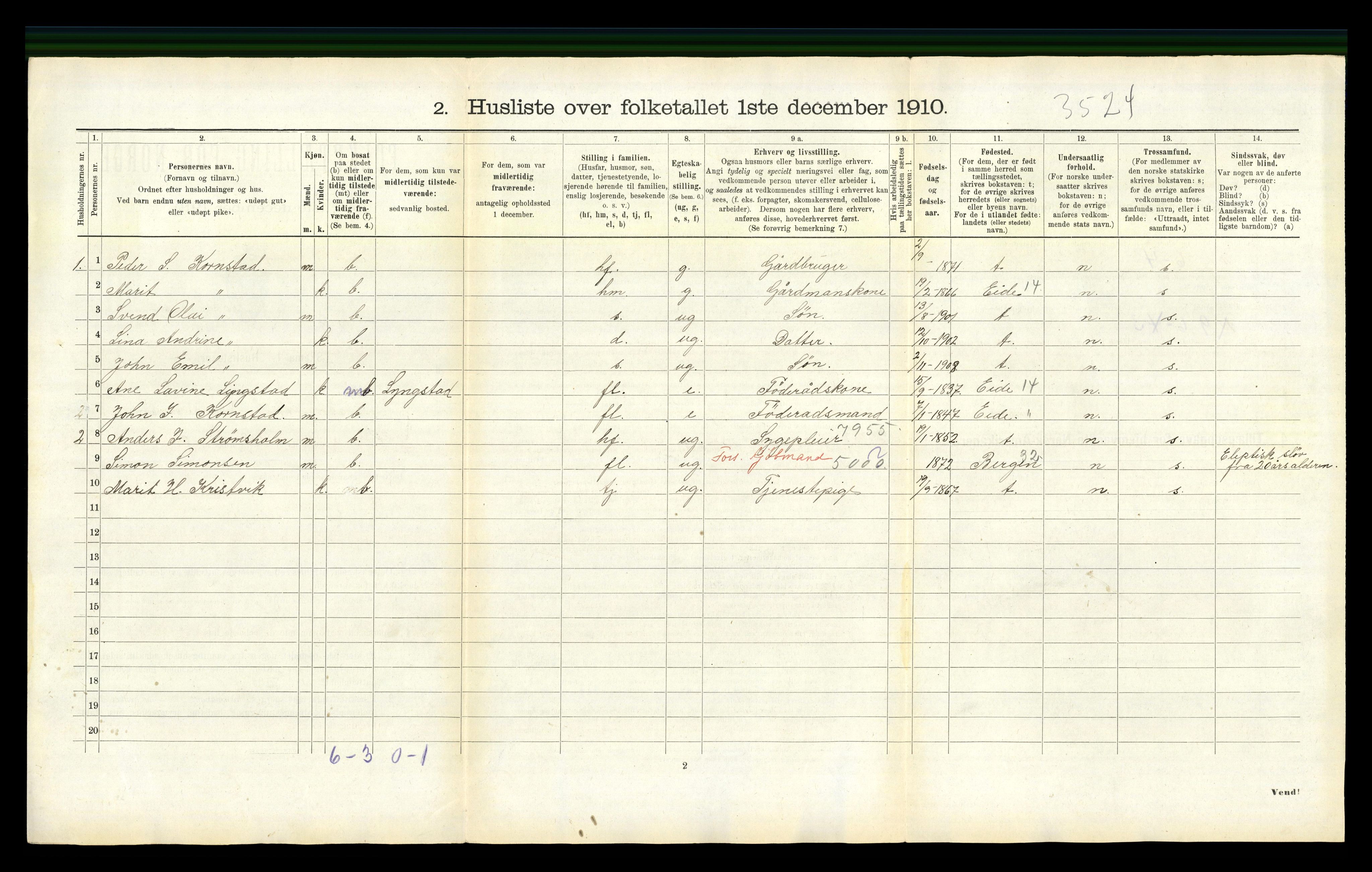 RA, 1910 census for Kornstad, 1910, p. 474