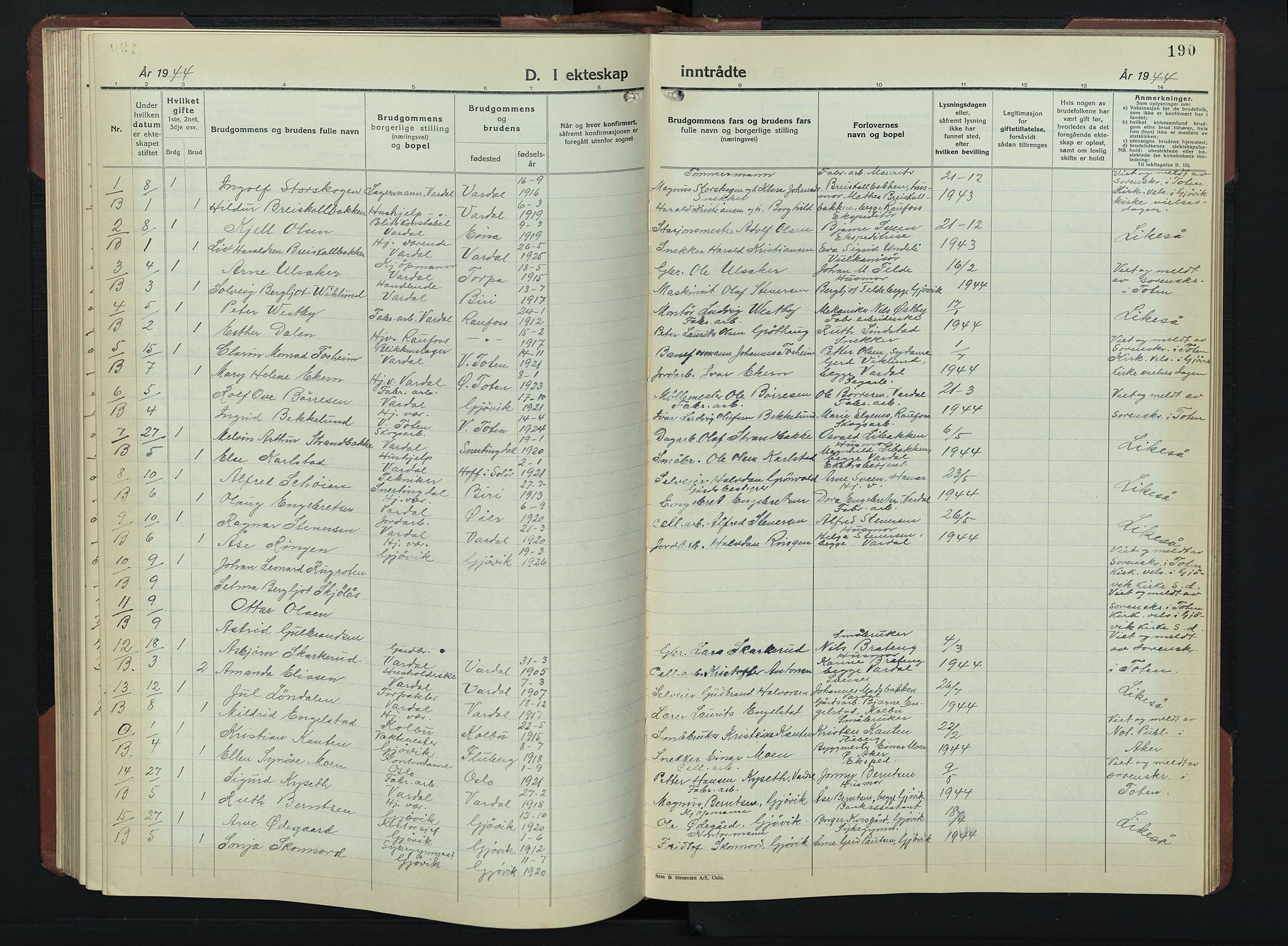 Vardal prestekontor, AV/SAH-PREST-100/H/Ha/Hab/L0019: Parish register (copy) no. 19, 1941-1951, p. 190