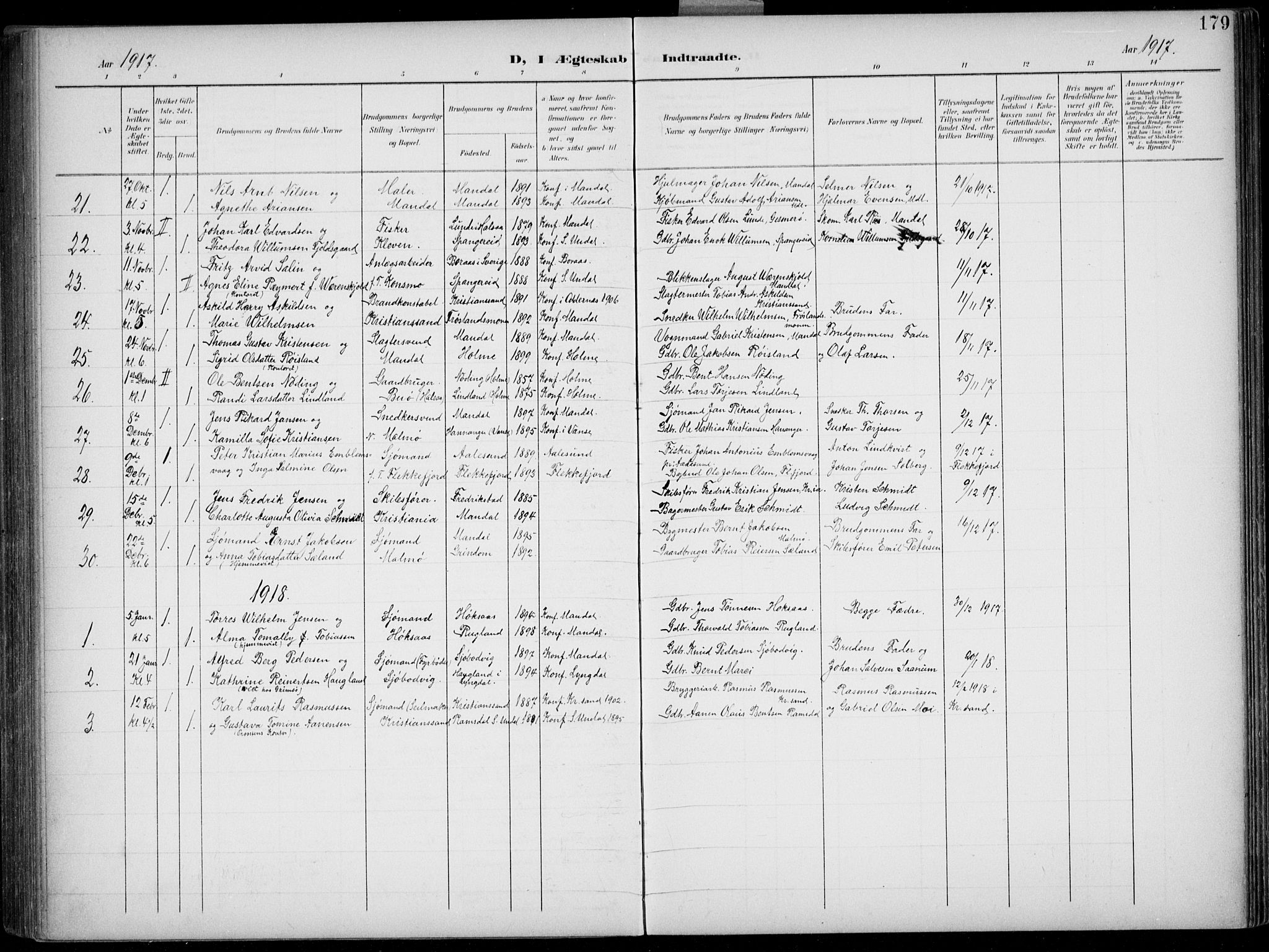 Mandal sokneprestkontor, AV/SAK-1111-0030/F/Fb/Fba/L0012: Parish register (copy) no. B 6, 1899-1918, p. 179