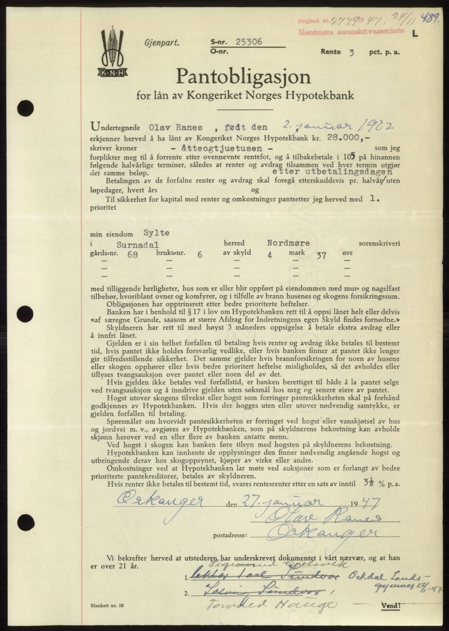 Nordmøre sorenskriveri, AV/SAT-A-4132/1/2/2Ca: Mortgage book no. B97, 1947-1948, Diary no: : 2779/1947