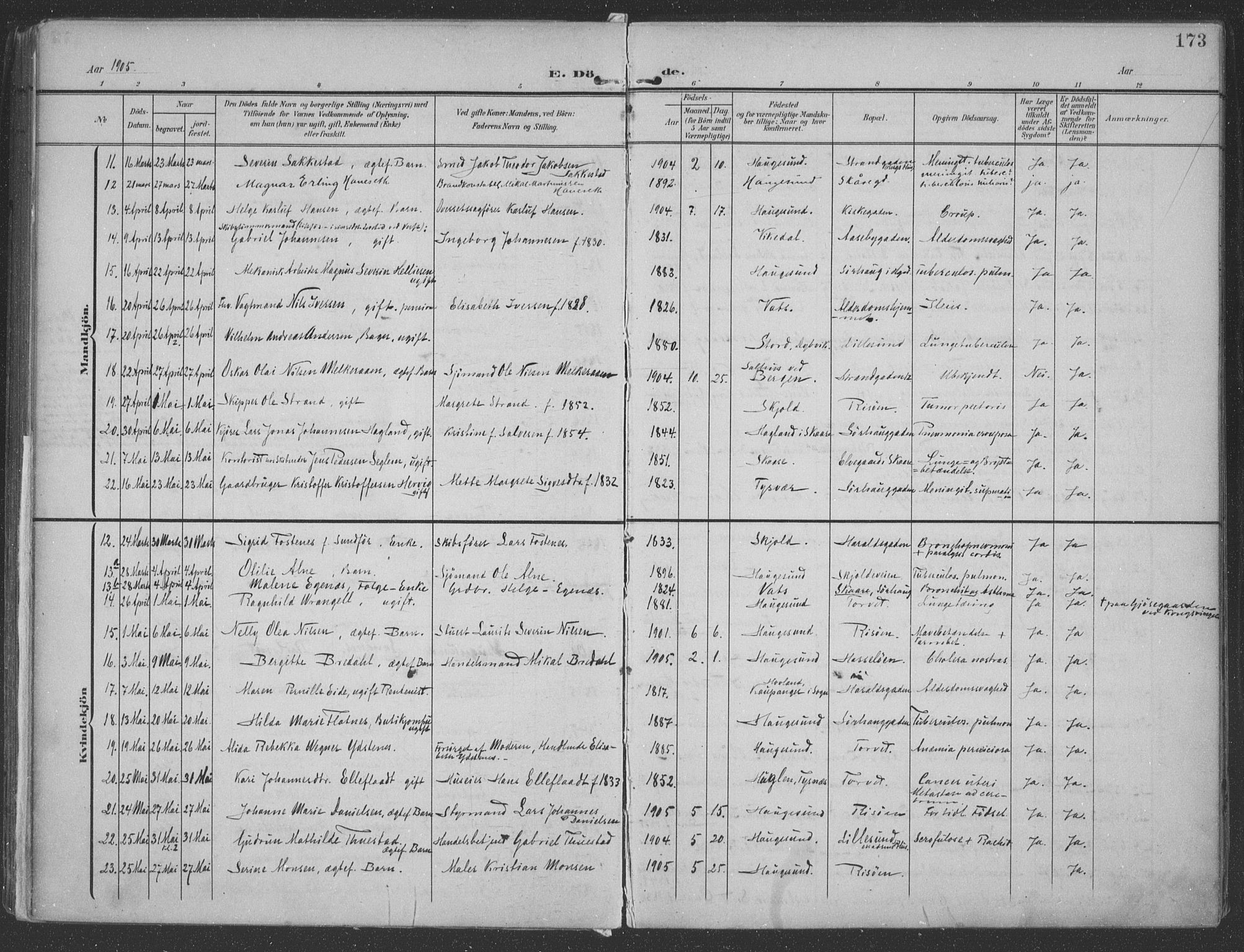 Haugesund sokneprestkontor, AV/SAST-A -101863/H/Ha/Haa/L0007: Parish register (official) no. A 7, 1904-1916, p. 173