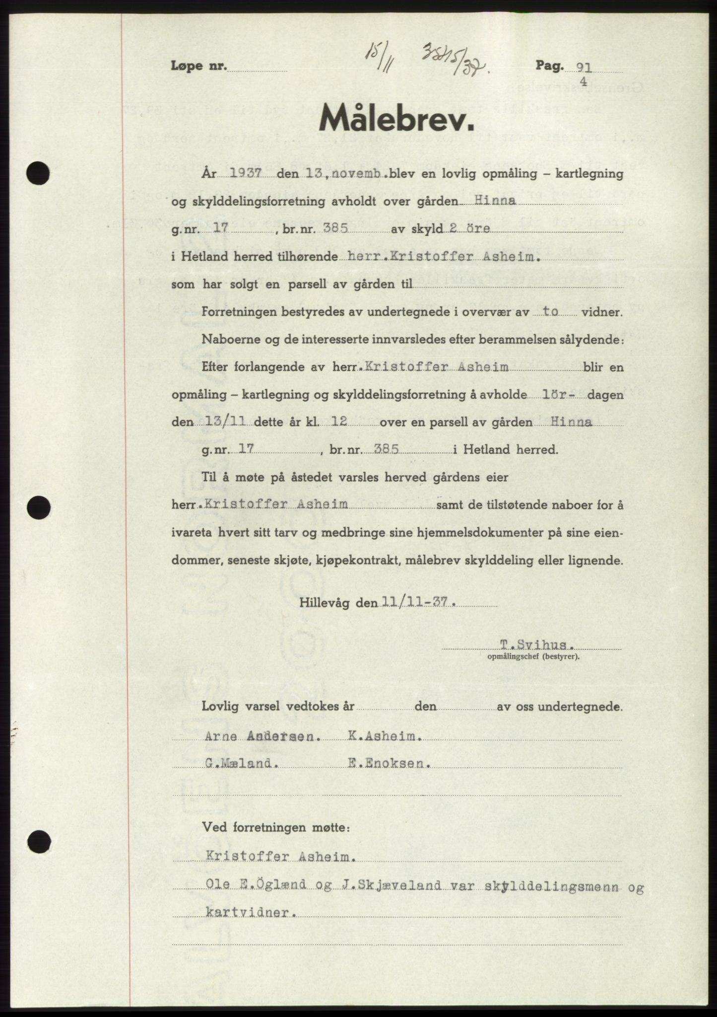 Jæren sorenskriveri, SAST/A-100310/03/G/Gba/L0069: Mortgage book, 1937-1937, Diary no: : 3545/1937