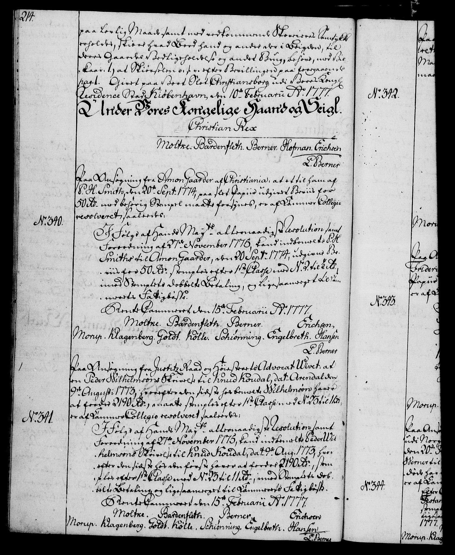 Rentekammeret, Kammerkanselliet, AV/RA-EA-3111/G/Gg/Gga/L0010: Norsk ekspedisjonsprotokoll med register (merket RK 53.10), 1773-1778, p. 214