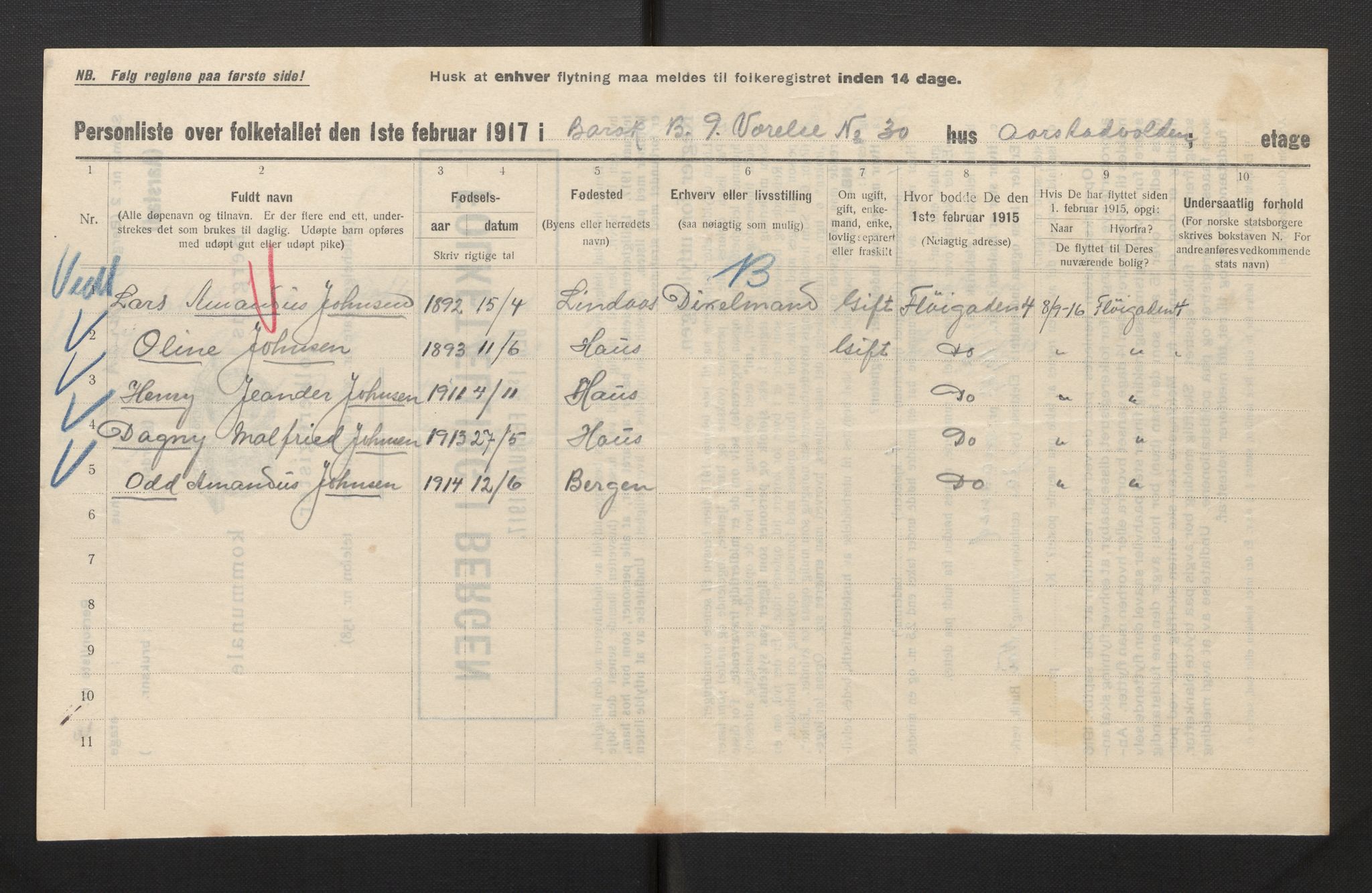 SAB, Municipal Census 1917 for Bergen, 1917, p. 53972
