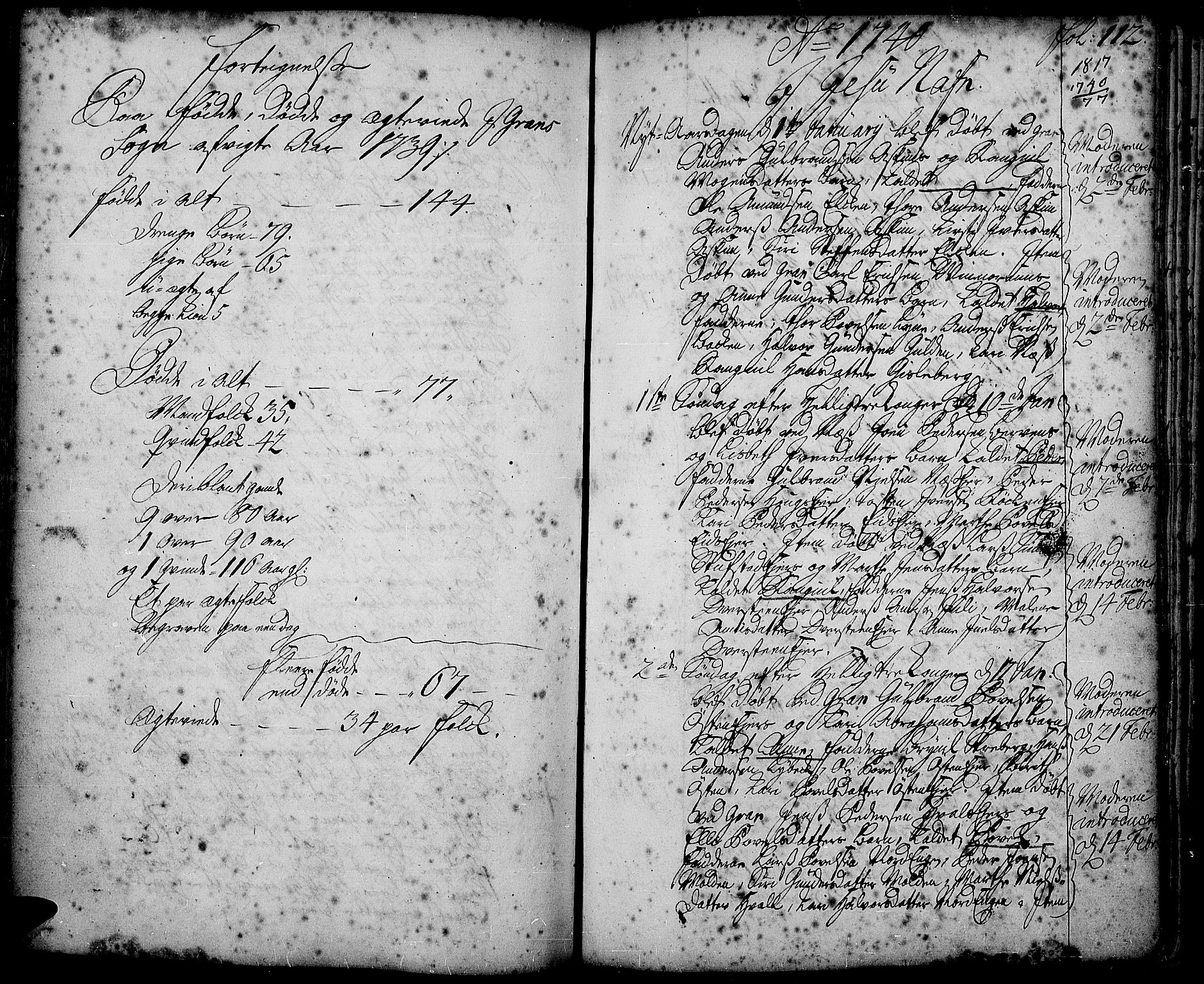 Gran prestekontor, SAH/PREST-112/H/Ha/Haa/L0002: Parish register (official) no. 2, 1732-1744, p. 112