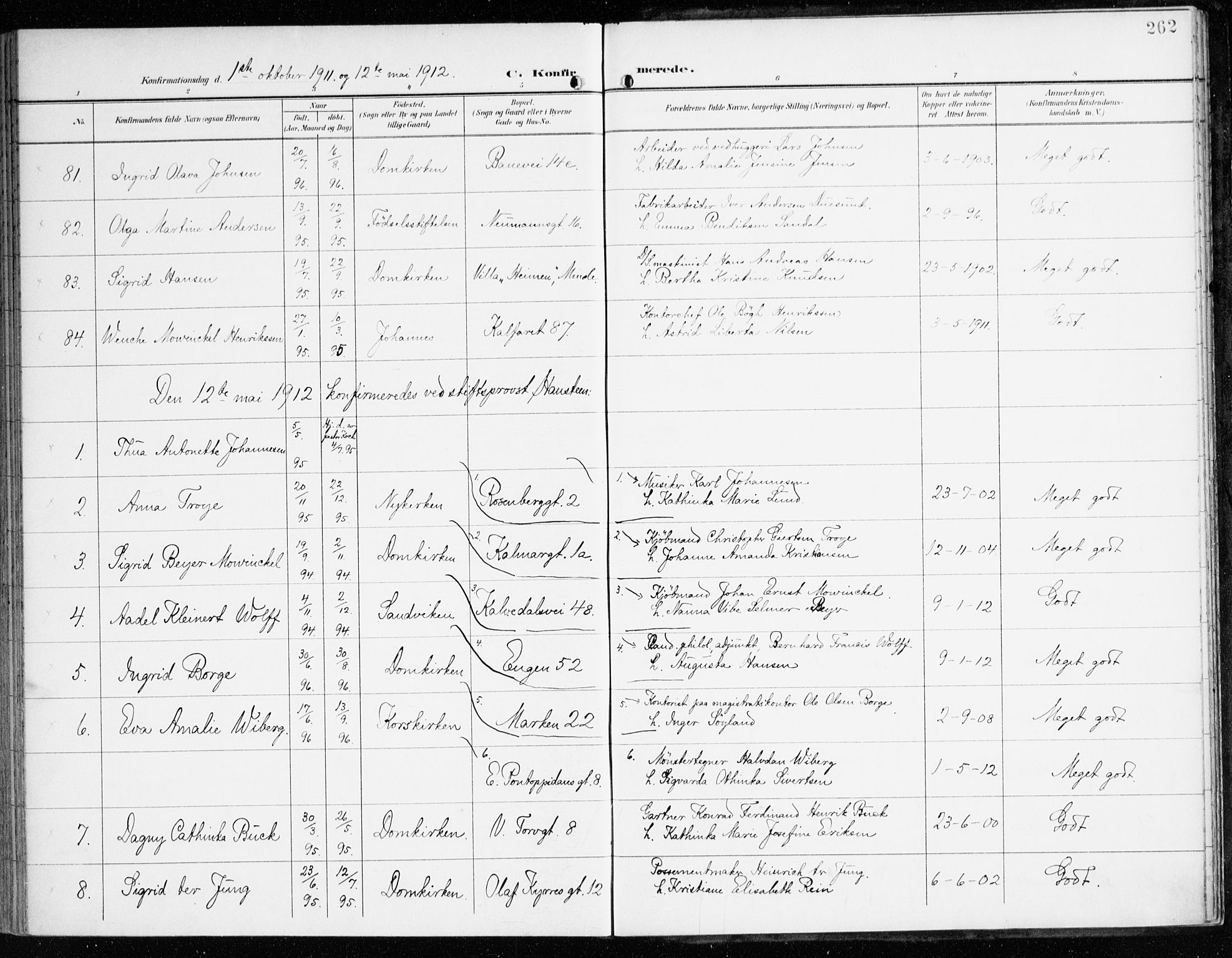Domkirken sokneprestembete, SAB/A-74801/H/Haa/L0031: Parish register (official) no. C 6, 1898-1915, p. 262