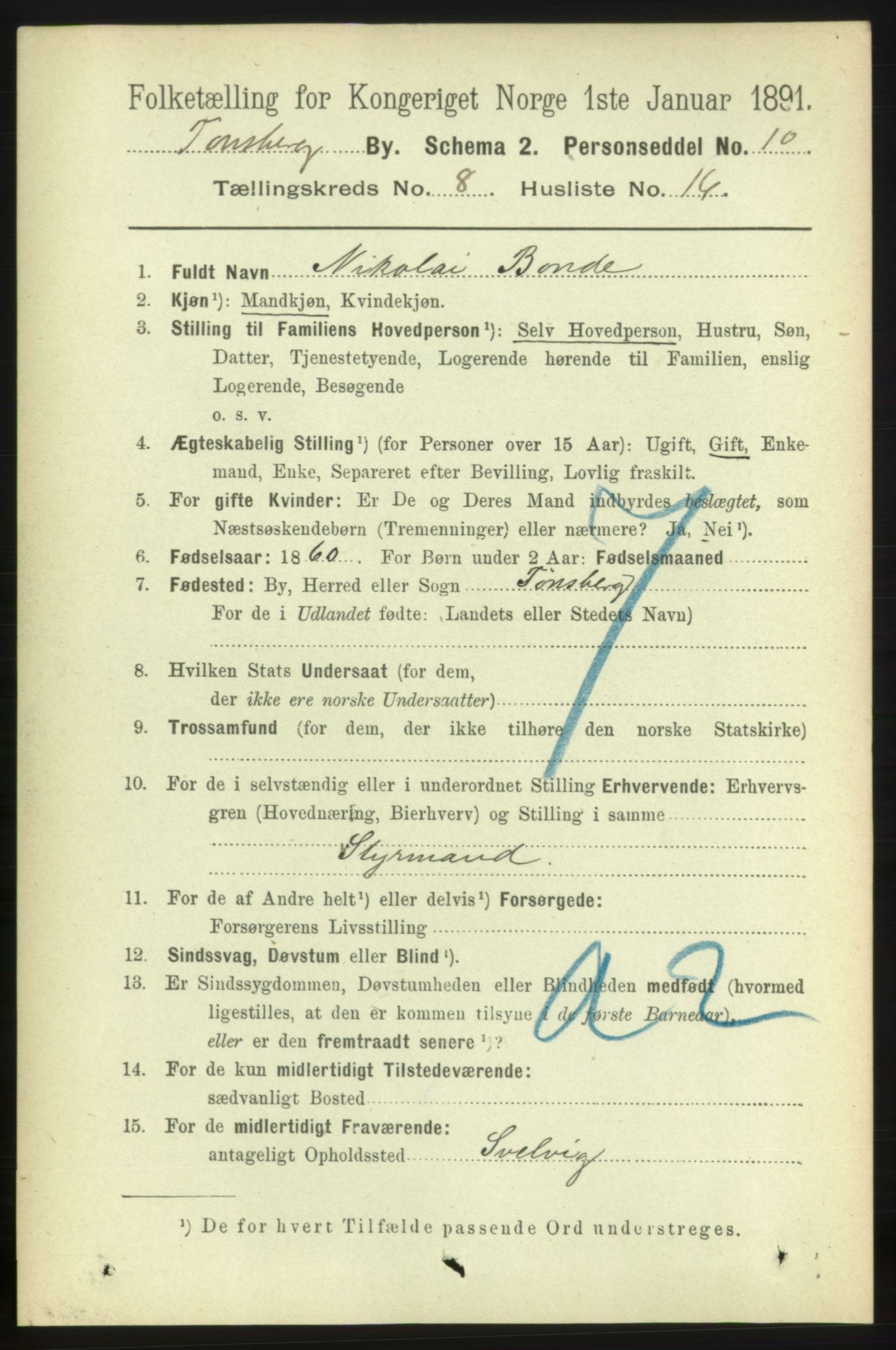 RA, 1891 census for 0705 Tønsberg, 1891, p. 3273