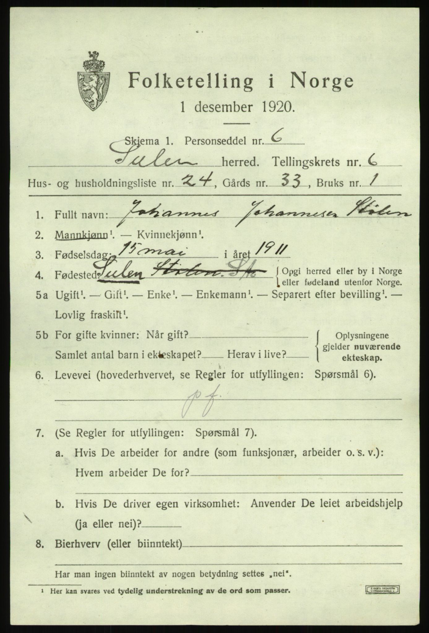 SAB, 1920 census for Solund, 1920, p. 2712