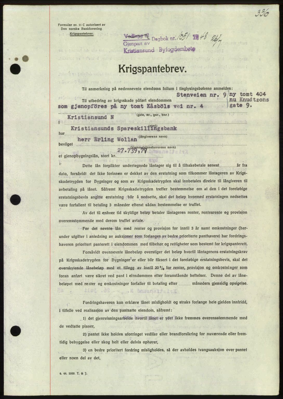 Kristiansund byfogd, AV/SAT-A-4587/A/27: Mortgage book no. 44, 1947-1948, Diary no: : 1051/1948