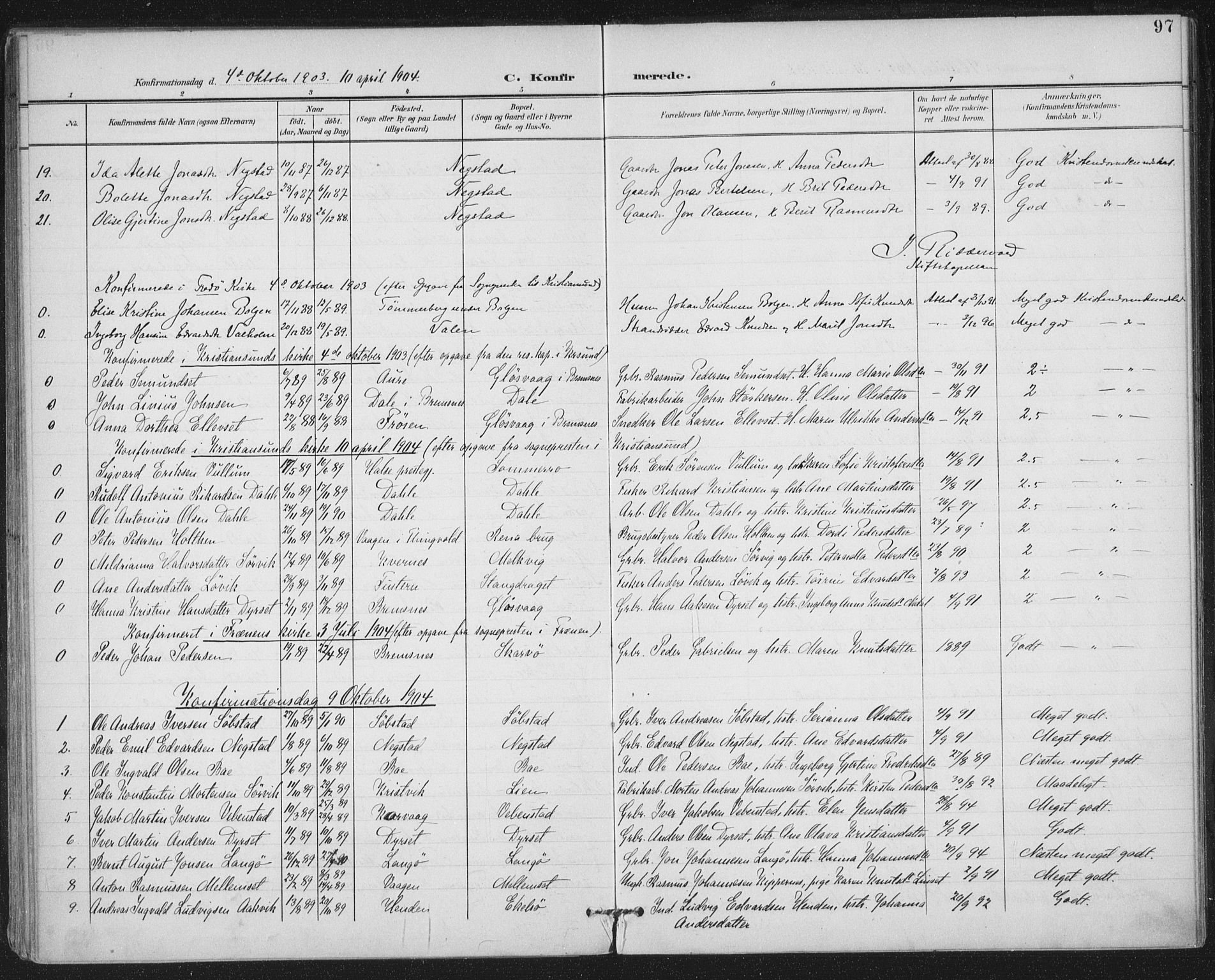 Ministerialprotokoller, klokkerbøker og fødselsregistre - Møre og Romsdal, SAT/A-1454/569/L0820: Parish register (official) no. 569A06, 1900-1911, p. 97