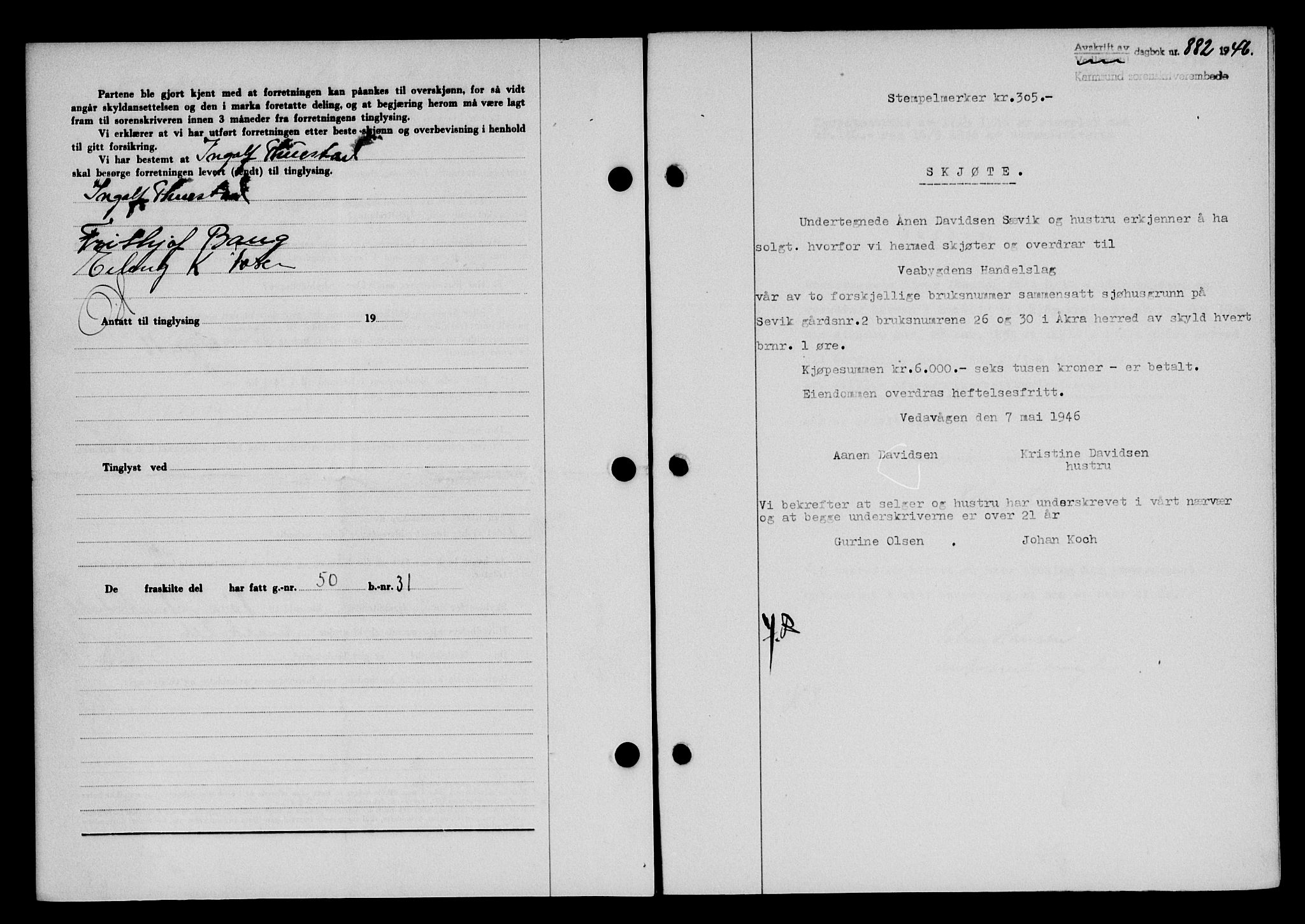 Karmsund sorenskriveri, AV/SAST-A-100311/01/II/IIB/L0085: Mortgage book no. 66A, 1946-1946, Diary no: : 882/1946