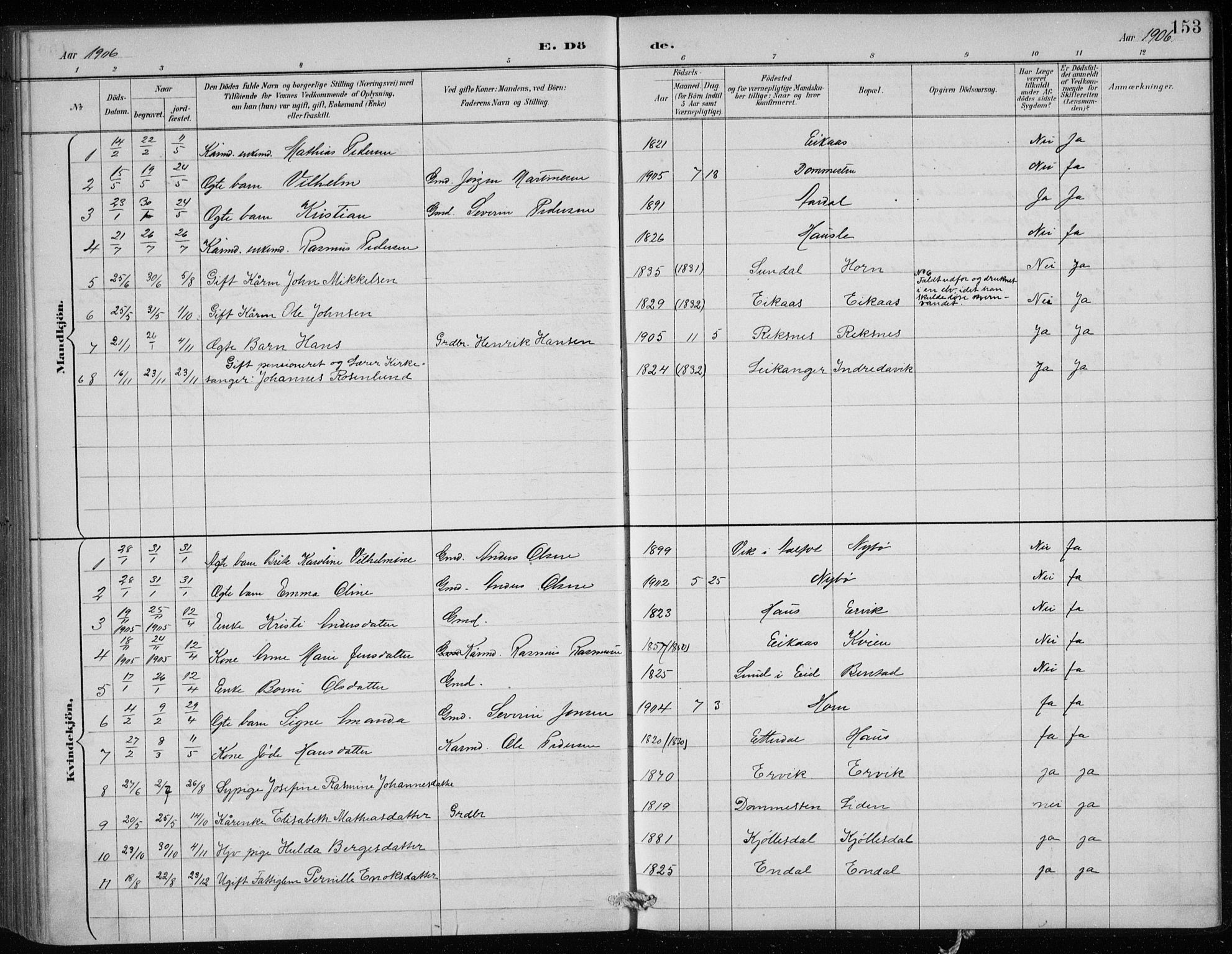 Davik sokneprestembete, AV/SAB-A-79701/H/Hab/Haba/L0002: Parish register (copy) no. A 2, 1890-1911, p. 153