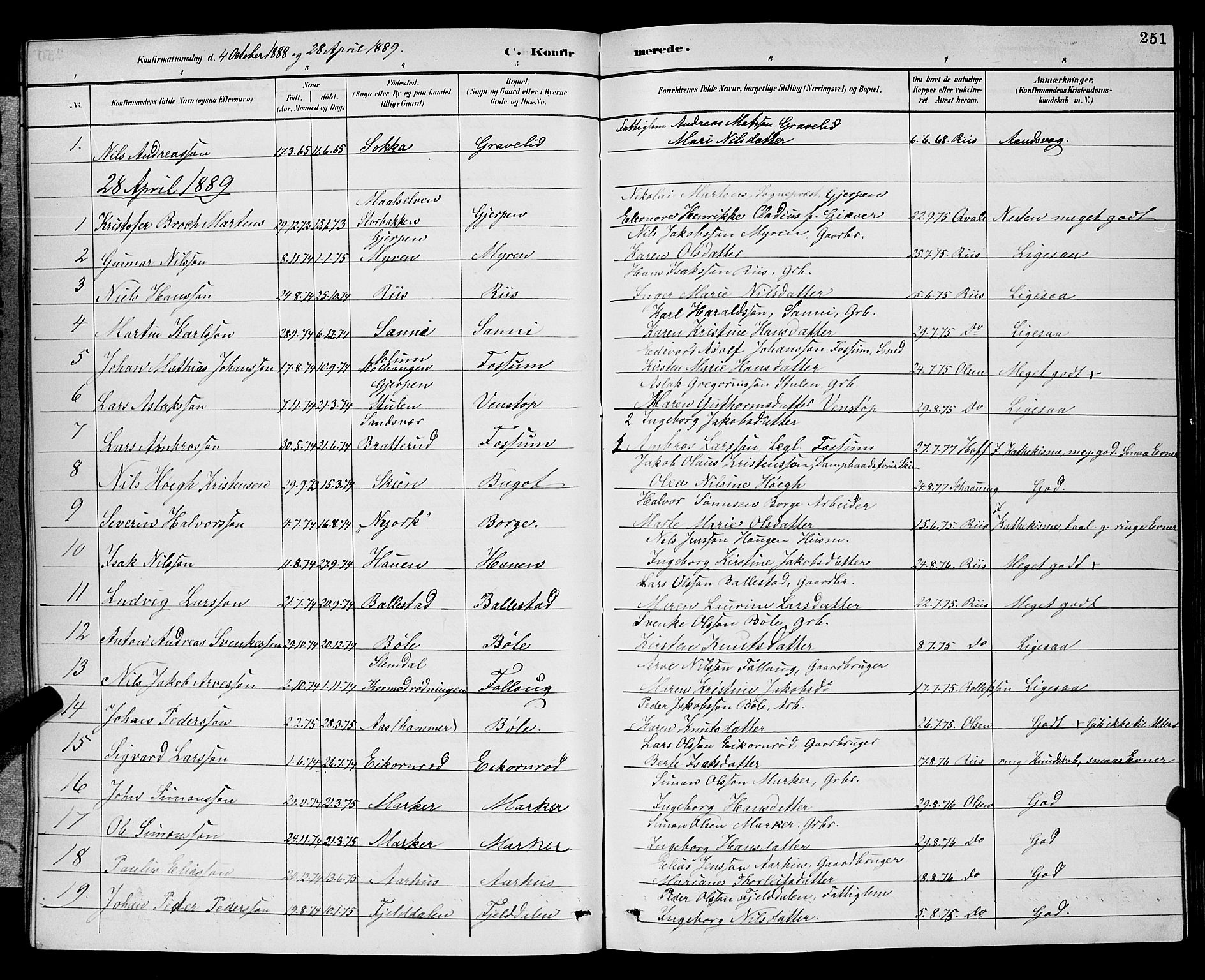Gjerpen kirkebøker, SAKO/A-265/G/Ga/L0002: Parish register (copy) no. I 2, 1883-1900, p. 251