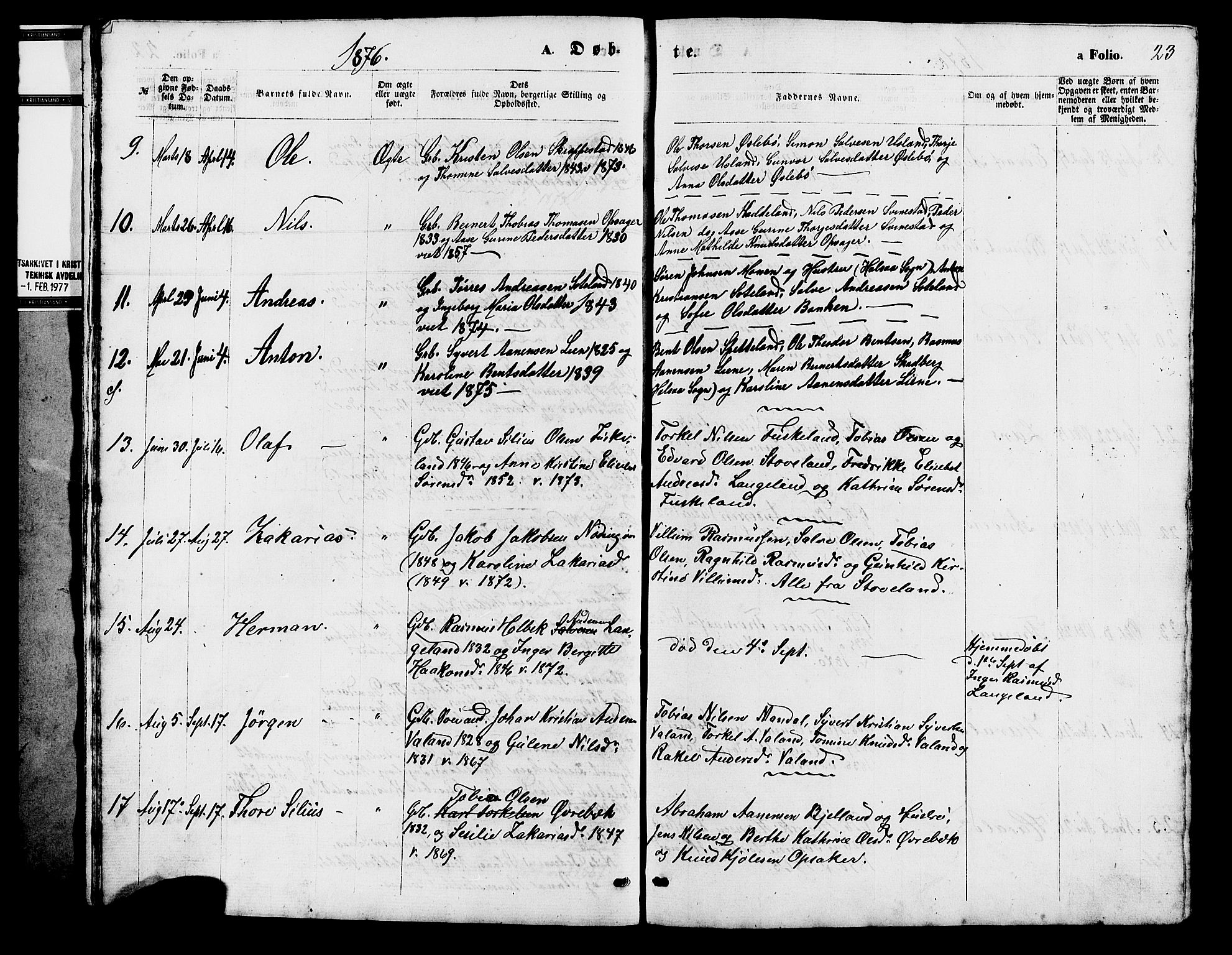 Holum sokneprestkontor, SAK/1111-0022/F/Fb/Fba/L0004: Parish register (copy) no. B 4, 1867-1890, p. 23