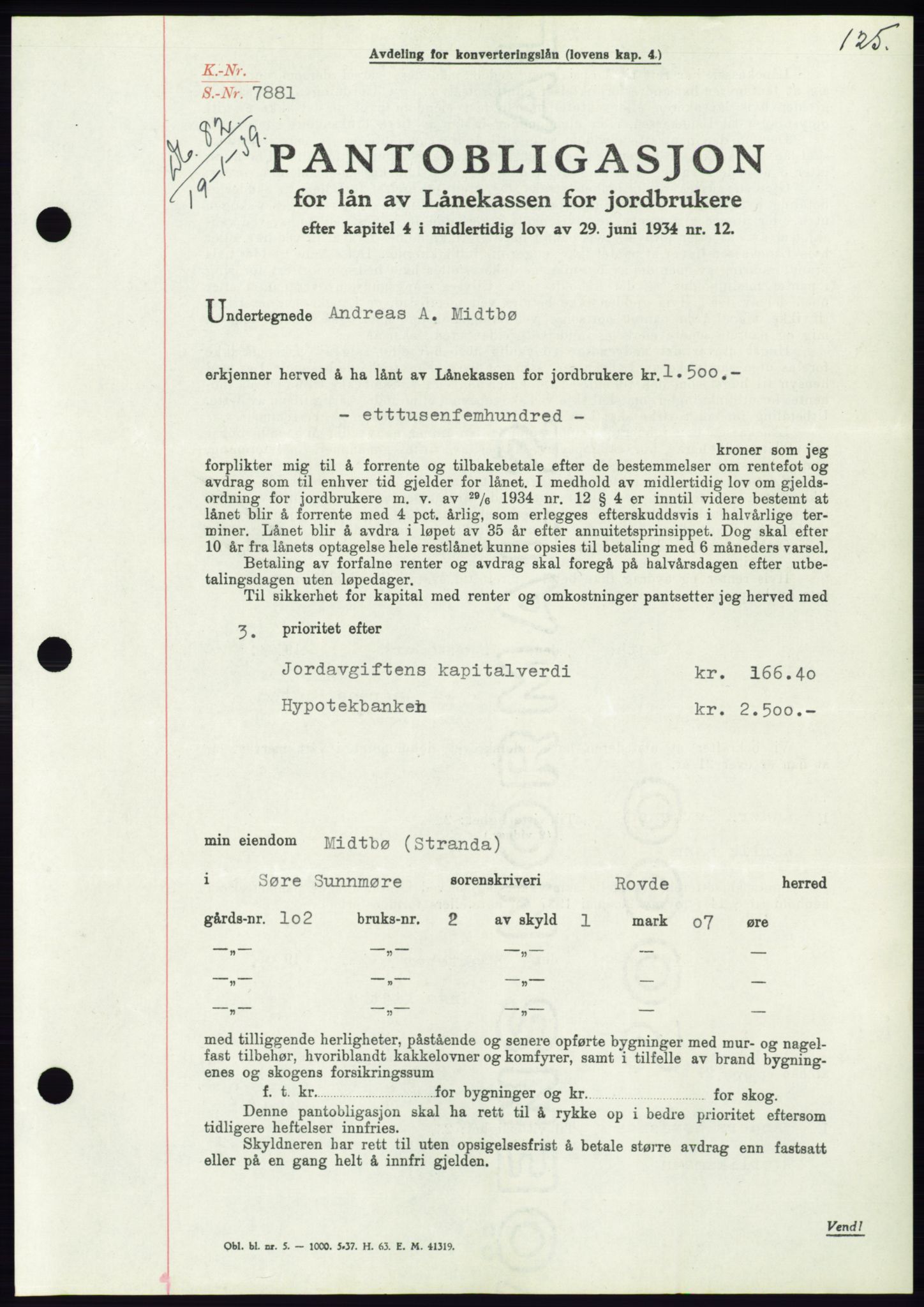 Søre Sunnmøre sorenskriveri, AV/SAT-A-4122/1/2/2C/L0067: Mortgage book no. 61, 1938-1939, Diary no: : 82/1939