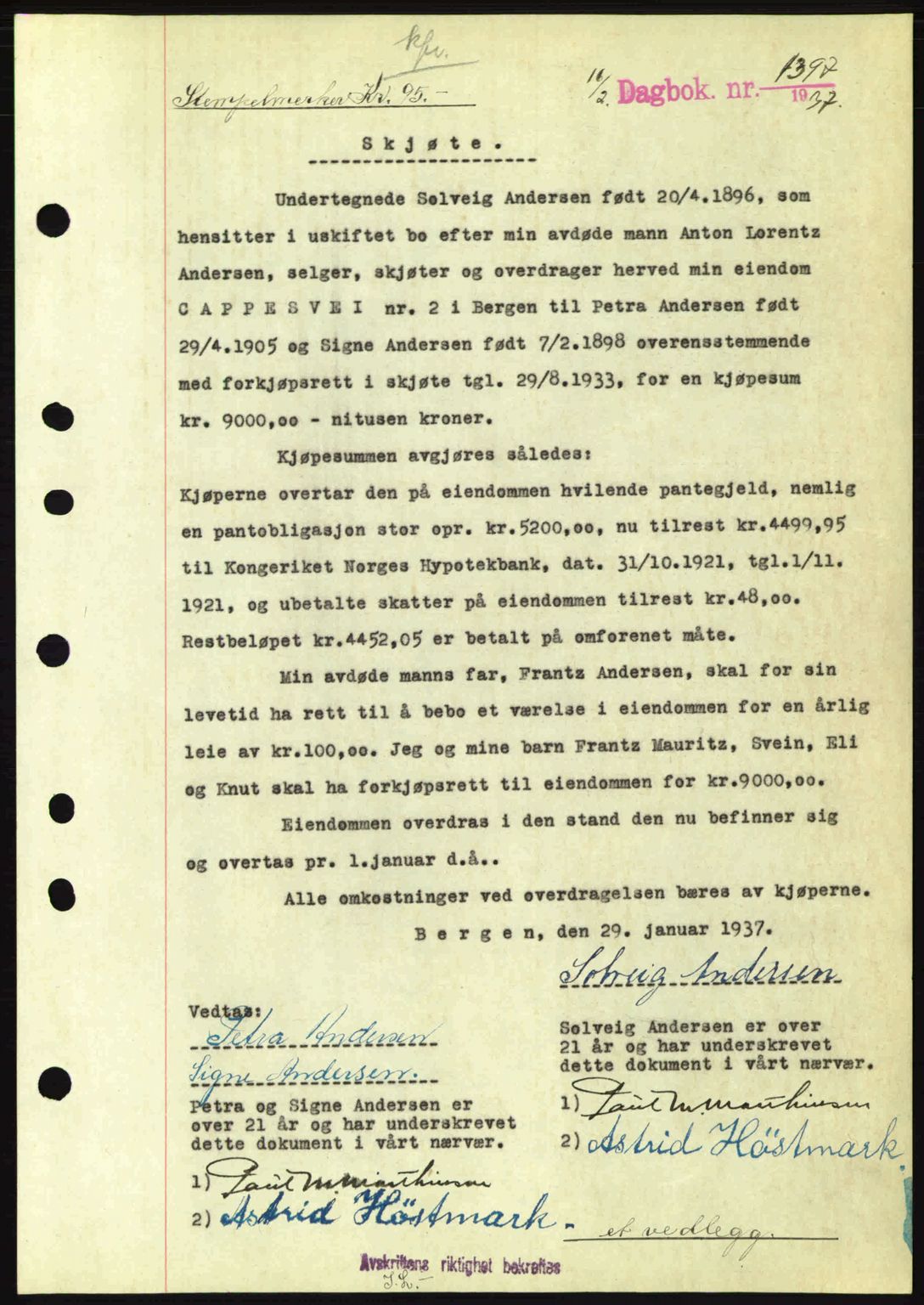 Byfogd og Byskriver i Bergen, SAB/A-3401/03/03Bc/L0004: Mortgage book no. A3-4, 1936-1937, Diary no: : 1397/1937