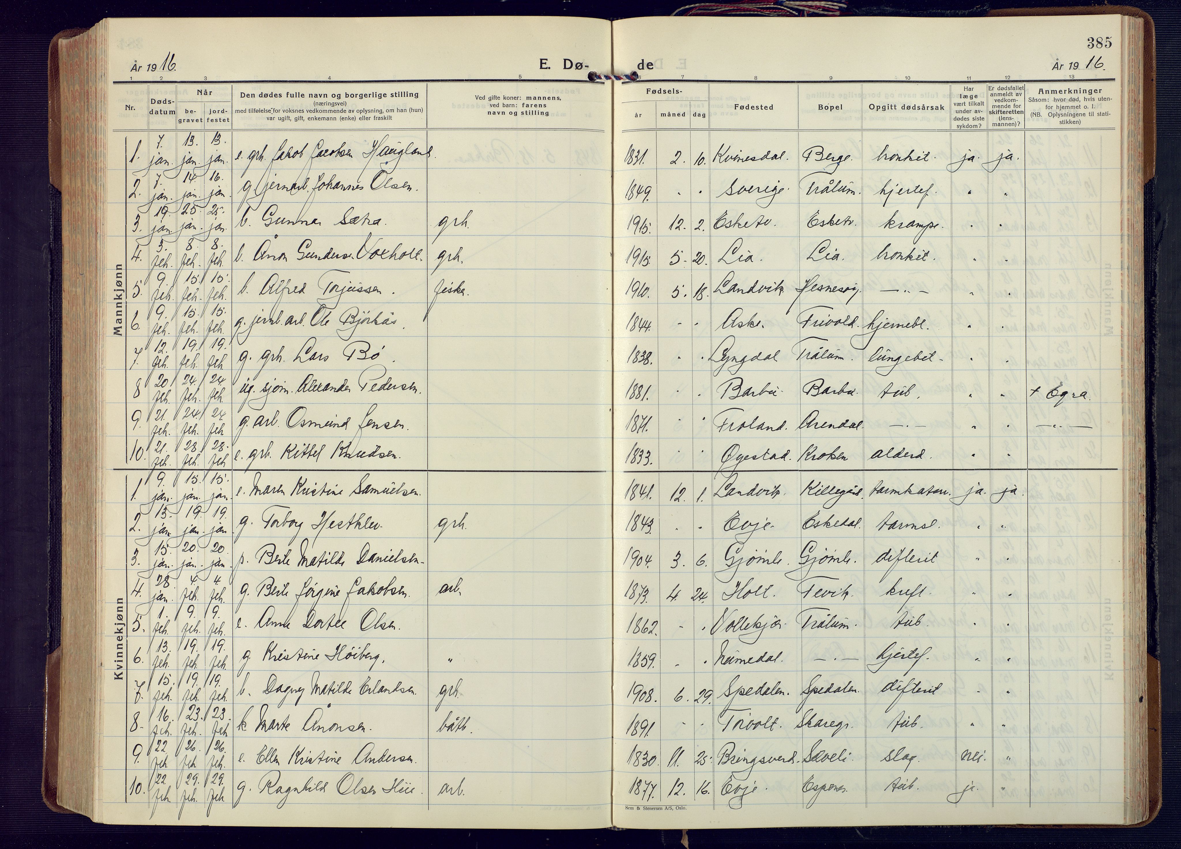 Fjære sokneprestkontor, SAK/1111-0011/F/Fa/L0004: Parish register (official) no. A 4, 1902-1925, p. 385