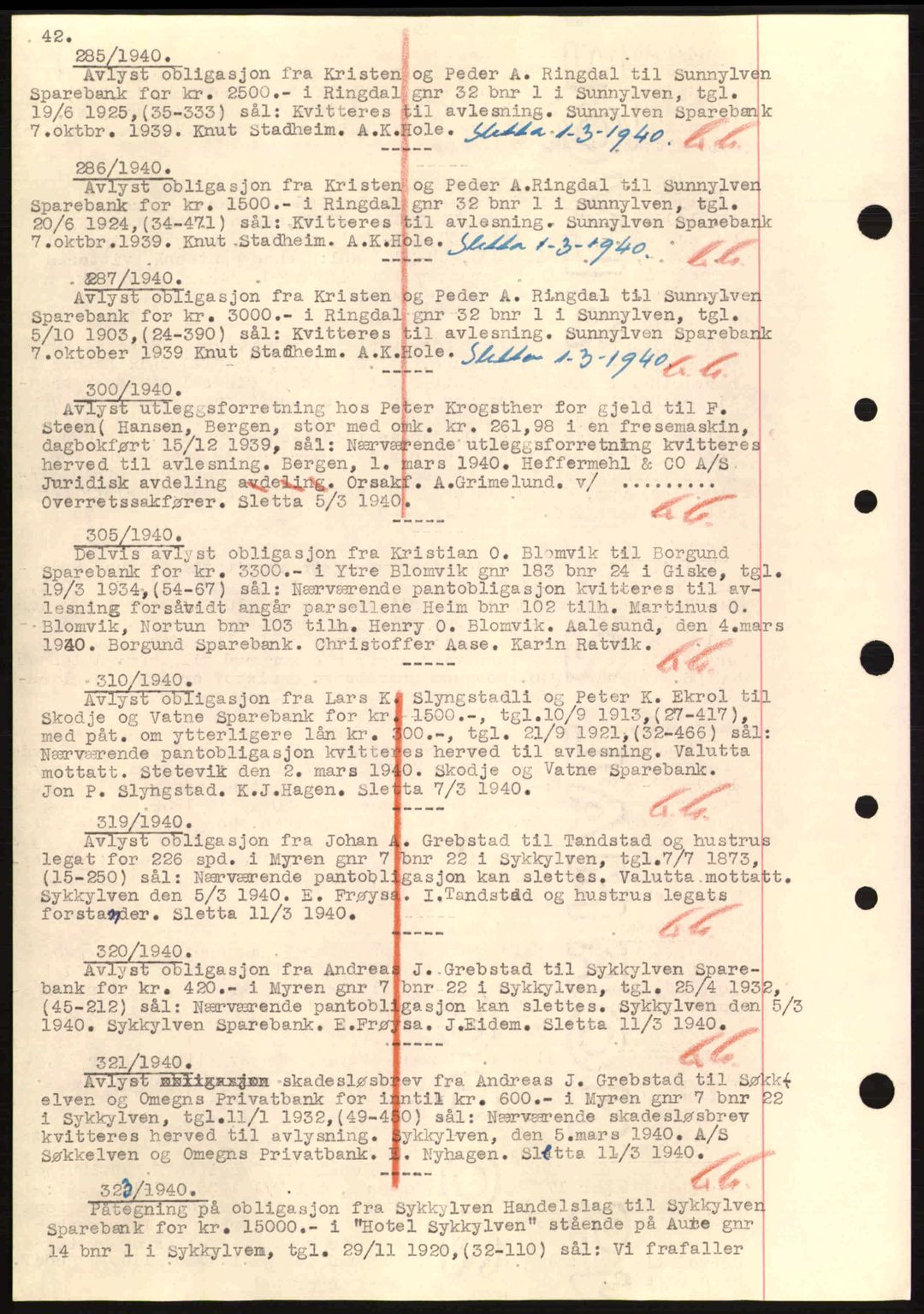 Nordre Sunnmøre sorenskriveri, SAT/A-0006/1/2/2C/2Ca: Mortgage book no. B1-6, 1938-1942, Diary no: : 285/1940