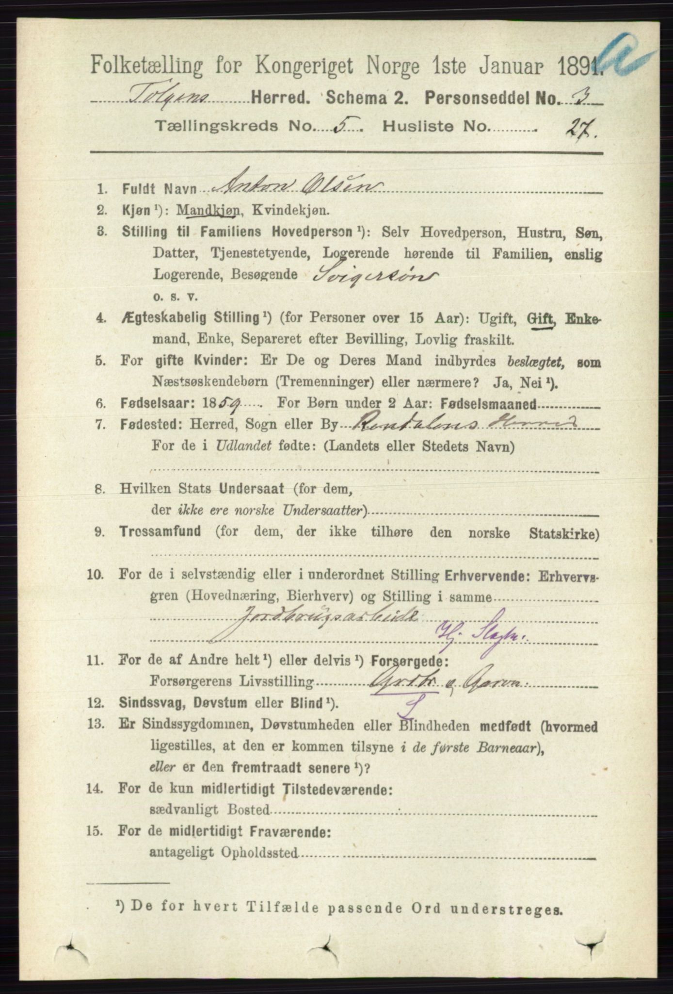 RA, 1891 census for 0436 Tolga, 1891, p. 1464