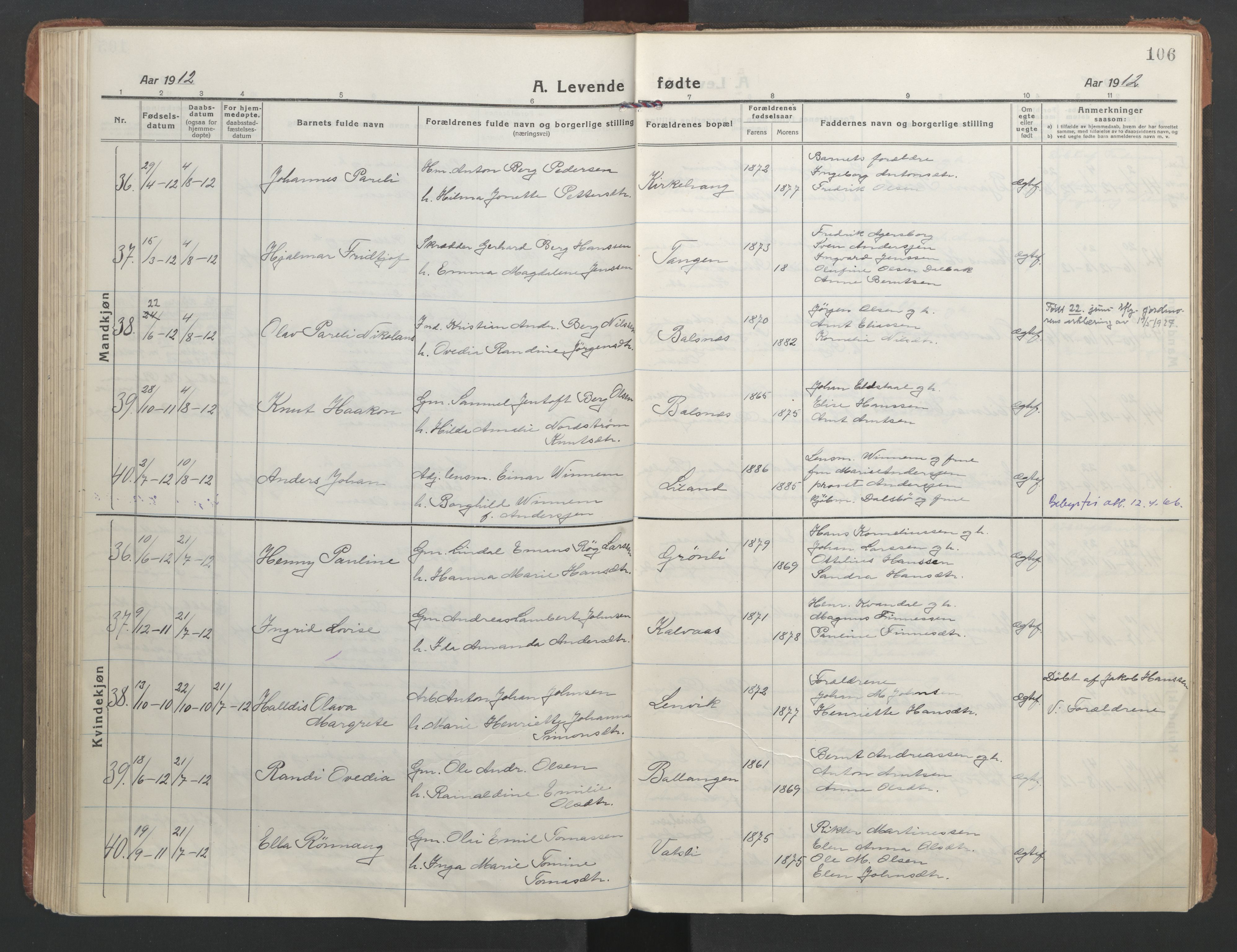 Ministerialprotokoller, klokkerbøker og fødselsregistre - Nordland, AV/SAT-A-1459/863/L0900: Parish register (official) no. 863A12, 1906-1915, p. 106