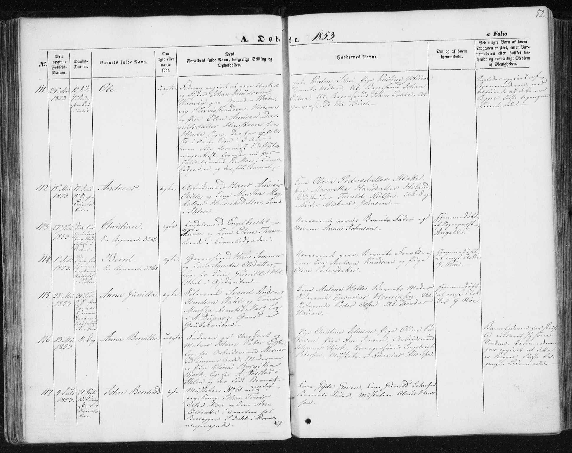 Ministerialprotokoller, klokkerbøker og fødselsregistre - Sør-Trøndelag, AV/SAT-A-1456/602/L0112: Parish register (official) no. 602A10, 1848-1859, p. 52