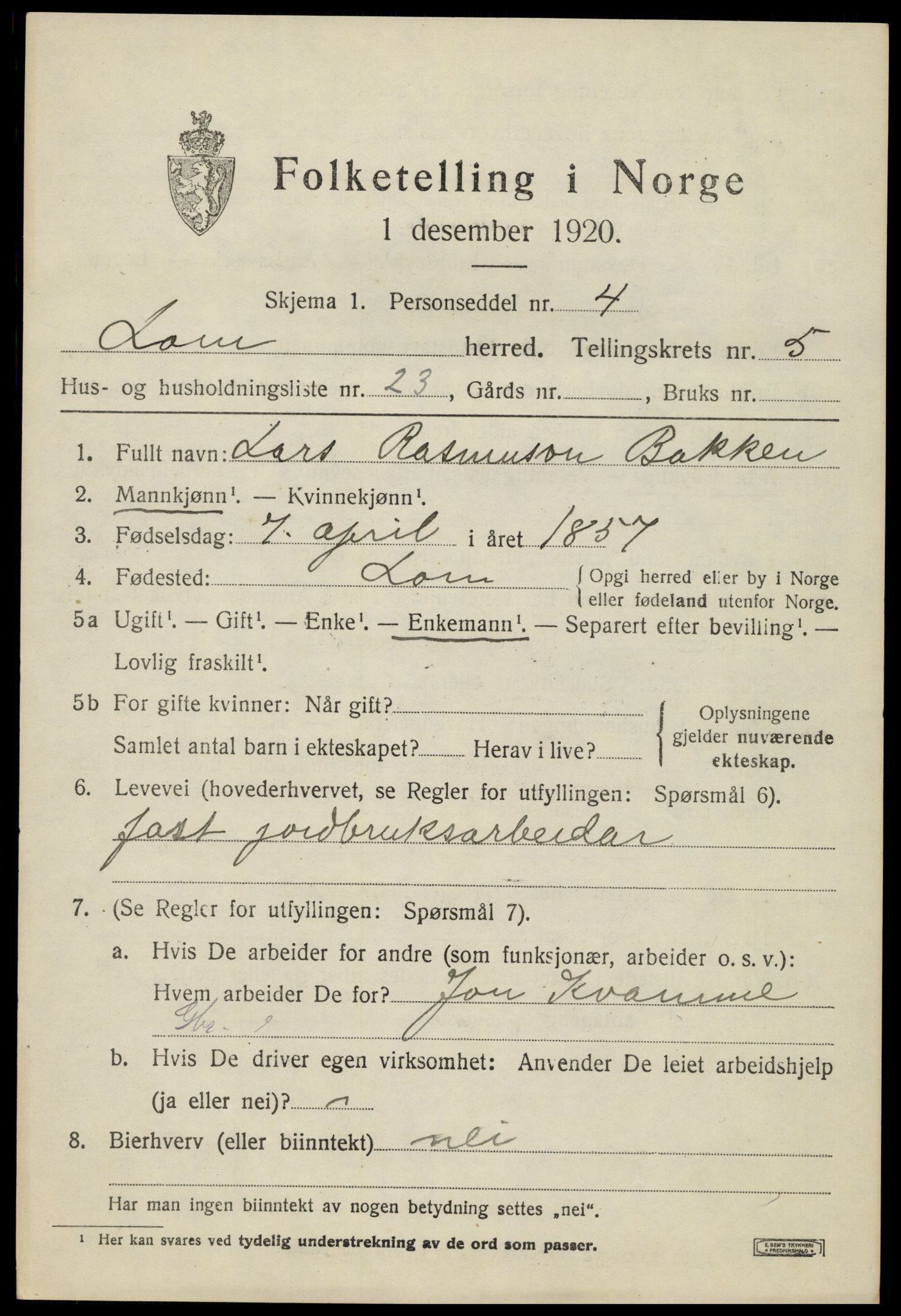 SAH, 1920 census for Lom, 1920, p. 3398