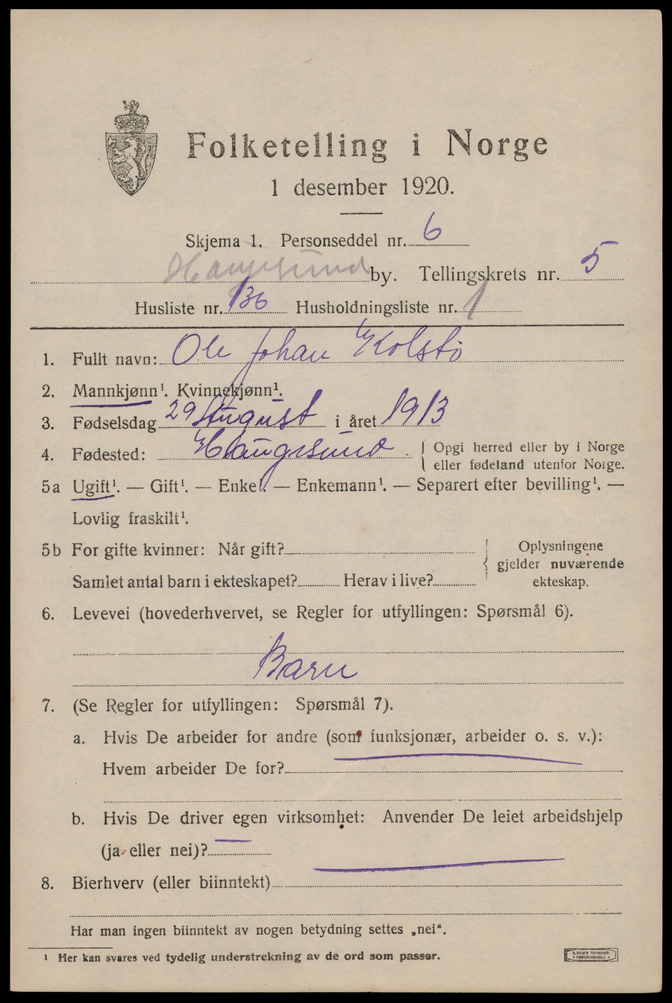 SAST, 1920 census for Haugesund, 1920, p. 20665