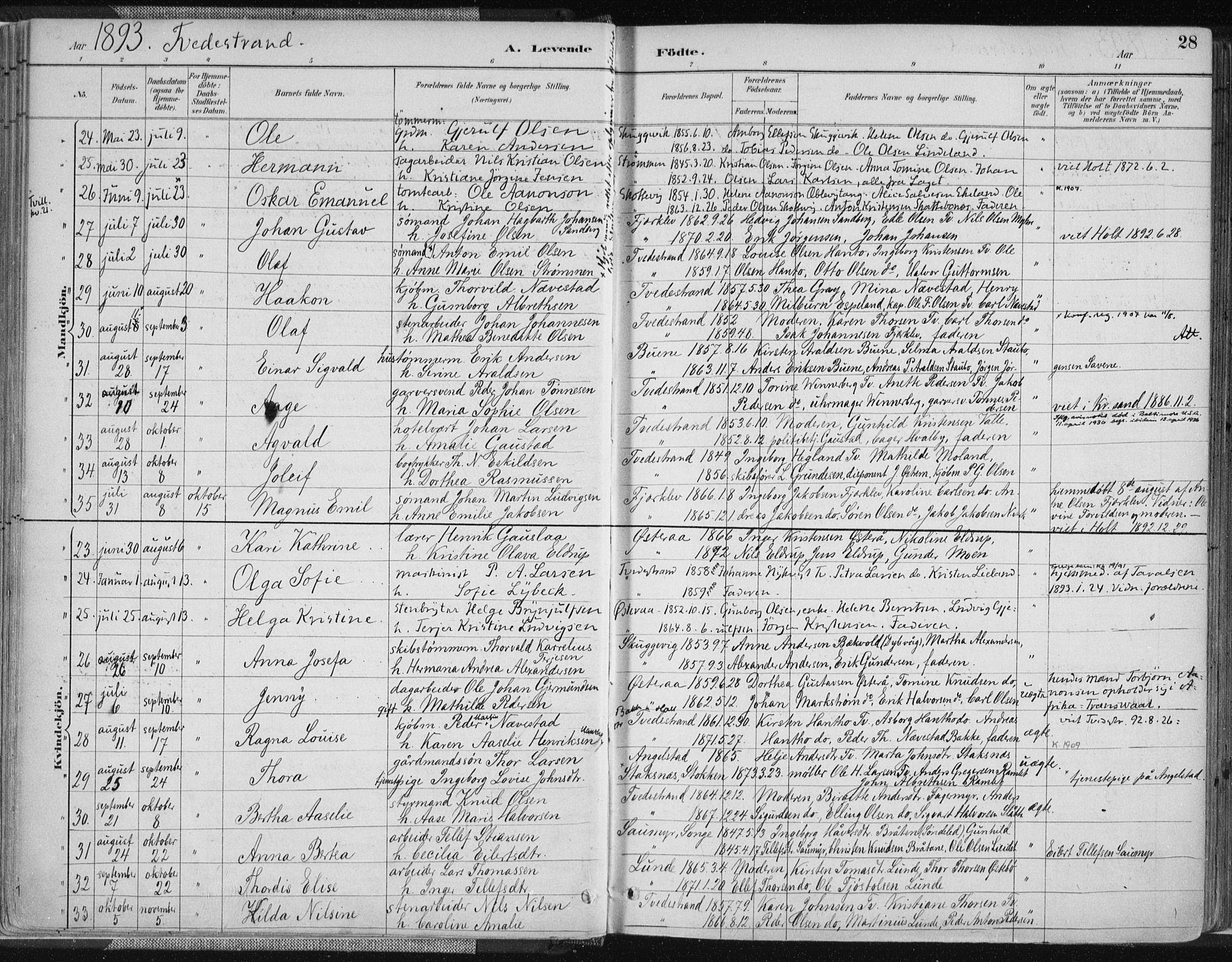Tvedestrand sokneprestkontor, SAK/1111-0042/F/Fa/L0001: Parish register (official) no. A 1, 1885-1916, p. 28